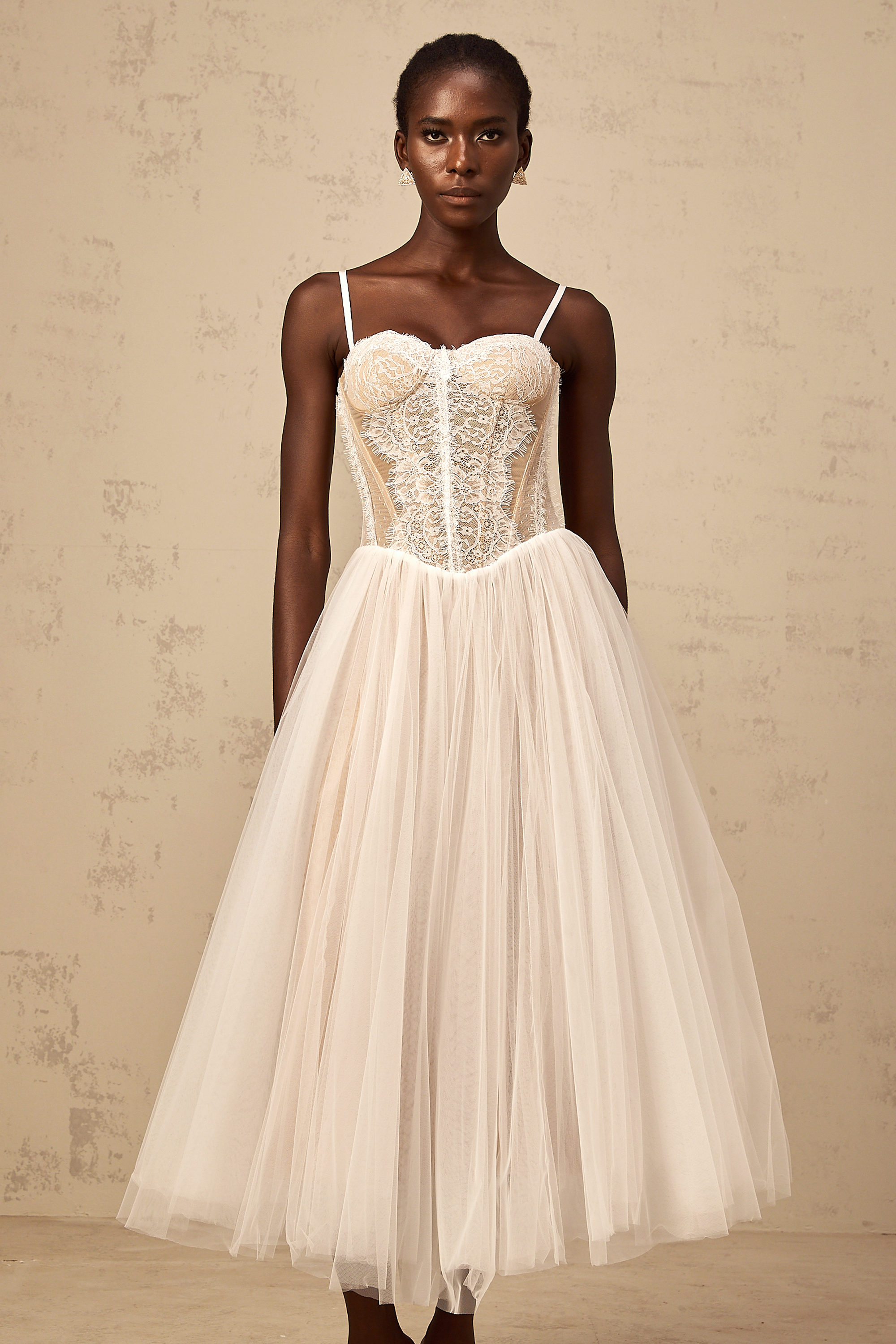 Nolwenn white lace bustier tulle midi dress