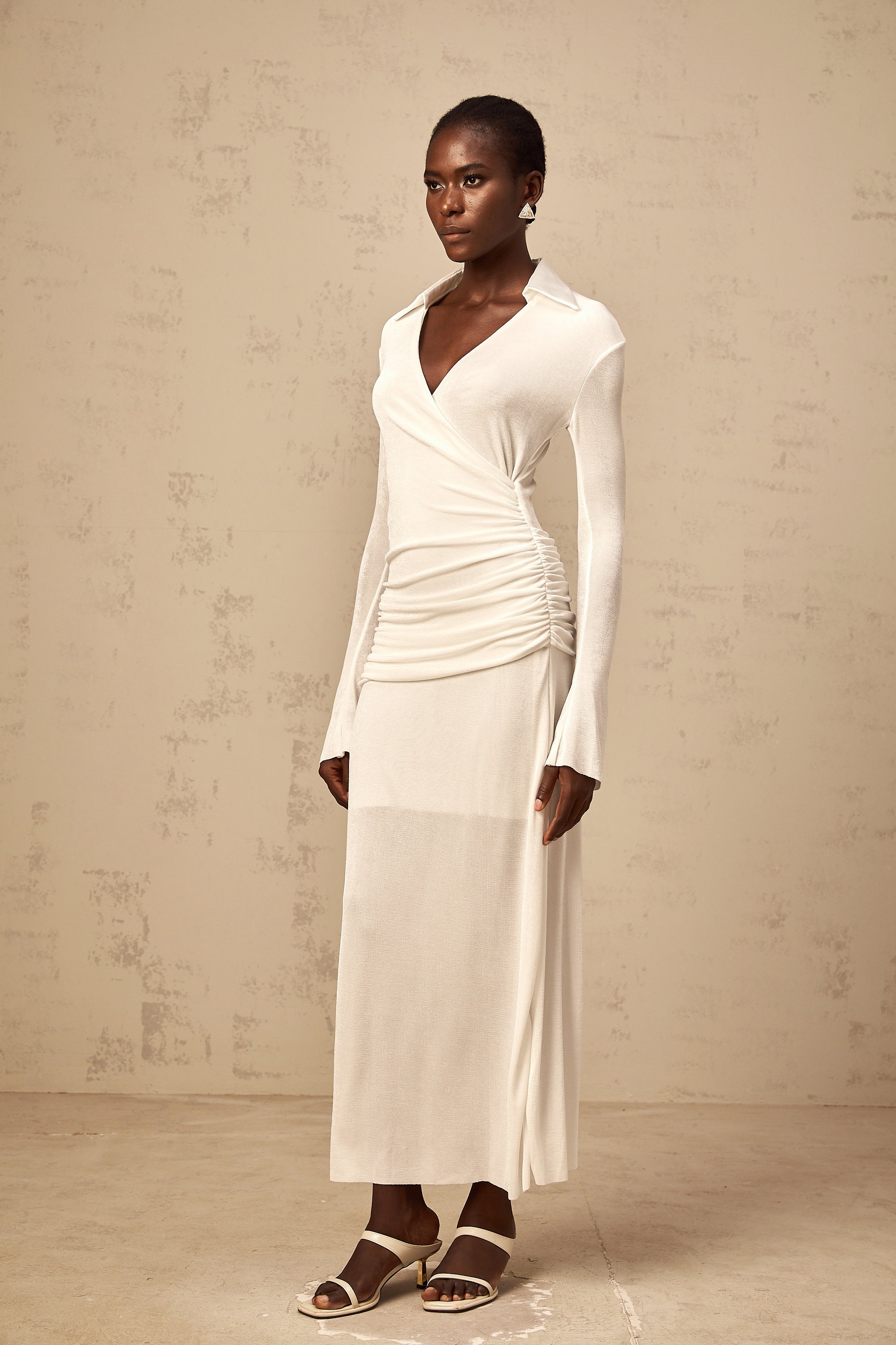 Térébenthine white ruched knit maxi dress