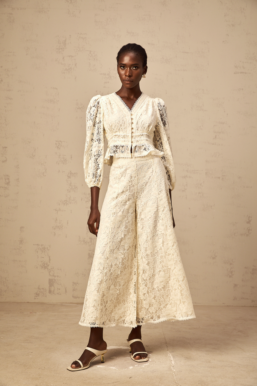 Jacinthe neutrals floral-lace blouse & trousers matching set