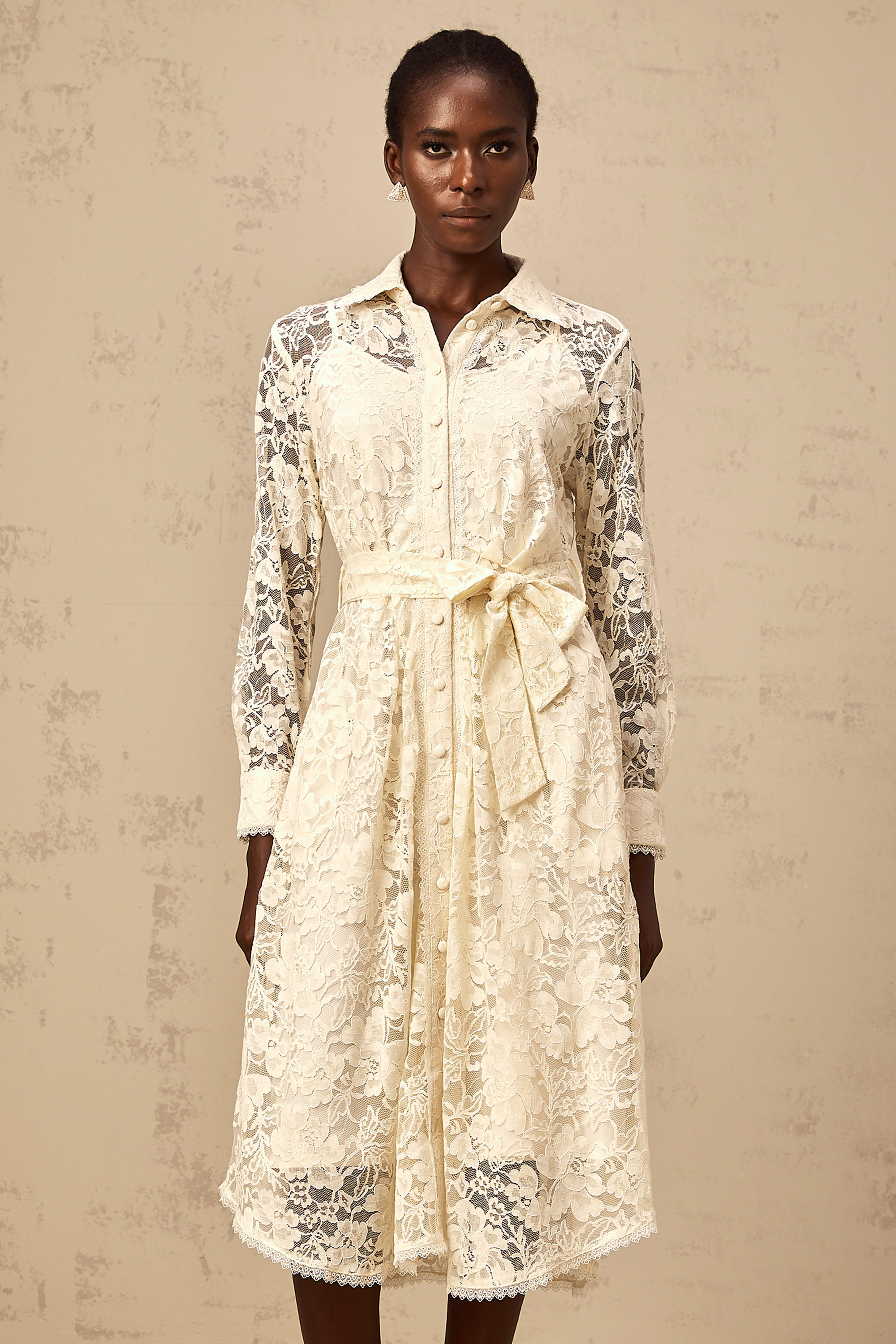 Juliette neutrals guipure-lace midi shirt dress