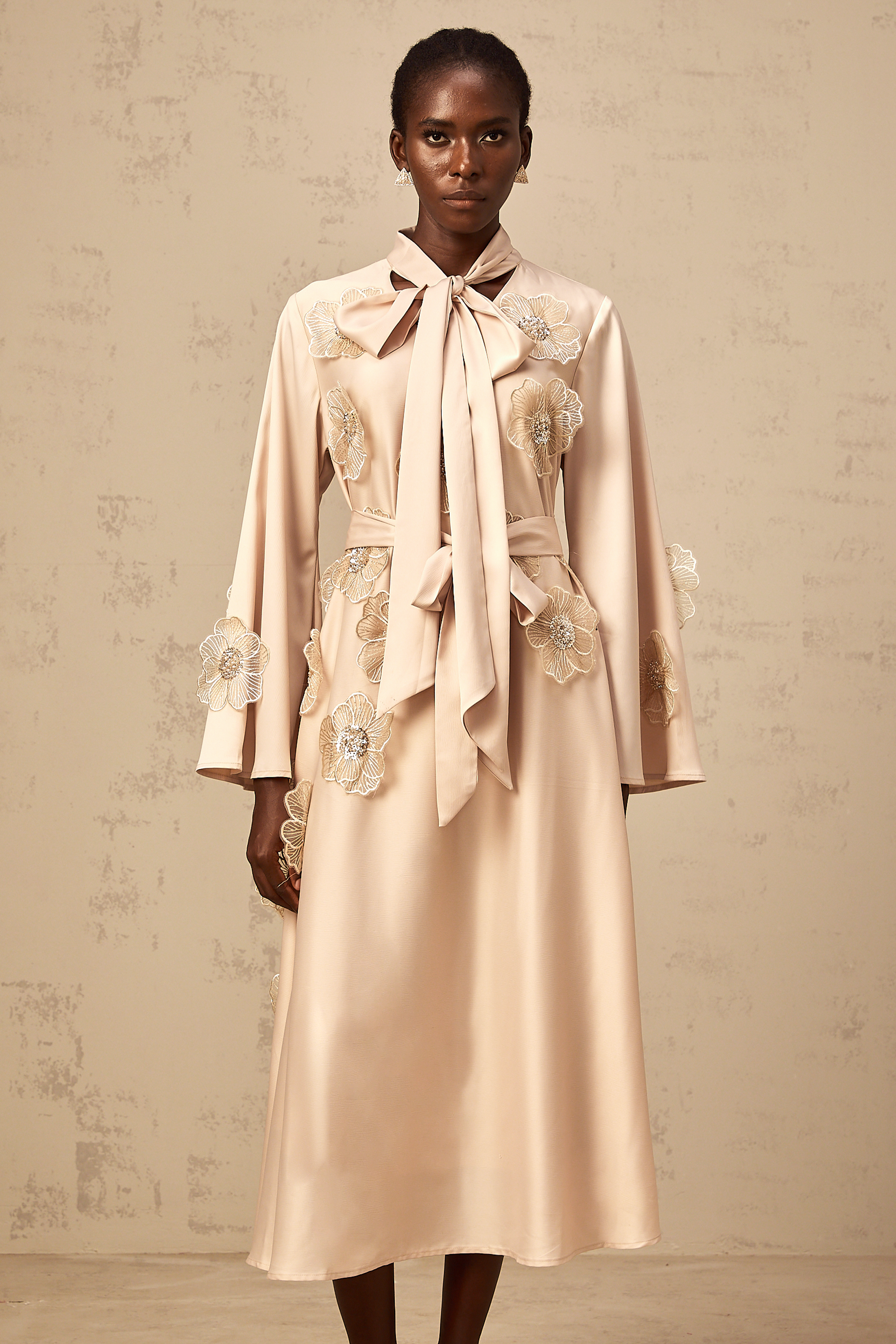 Orane tied floral-applique flared midi dress in Neutrals
