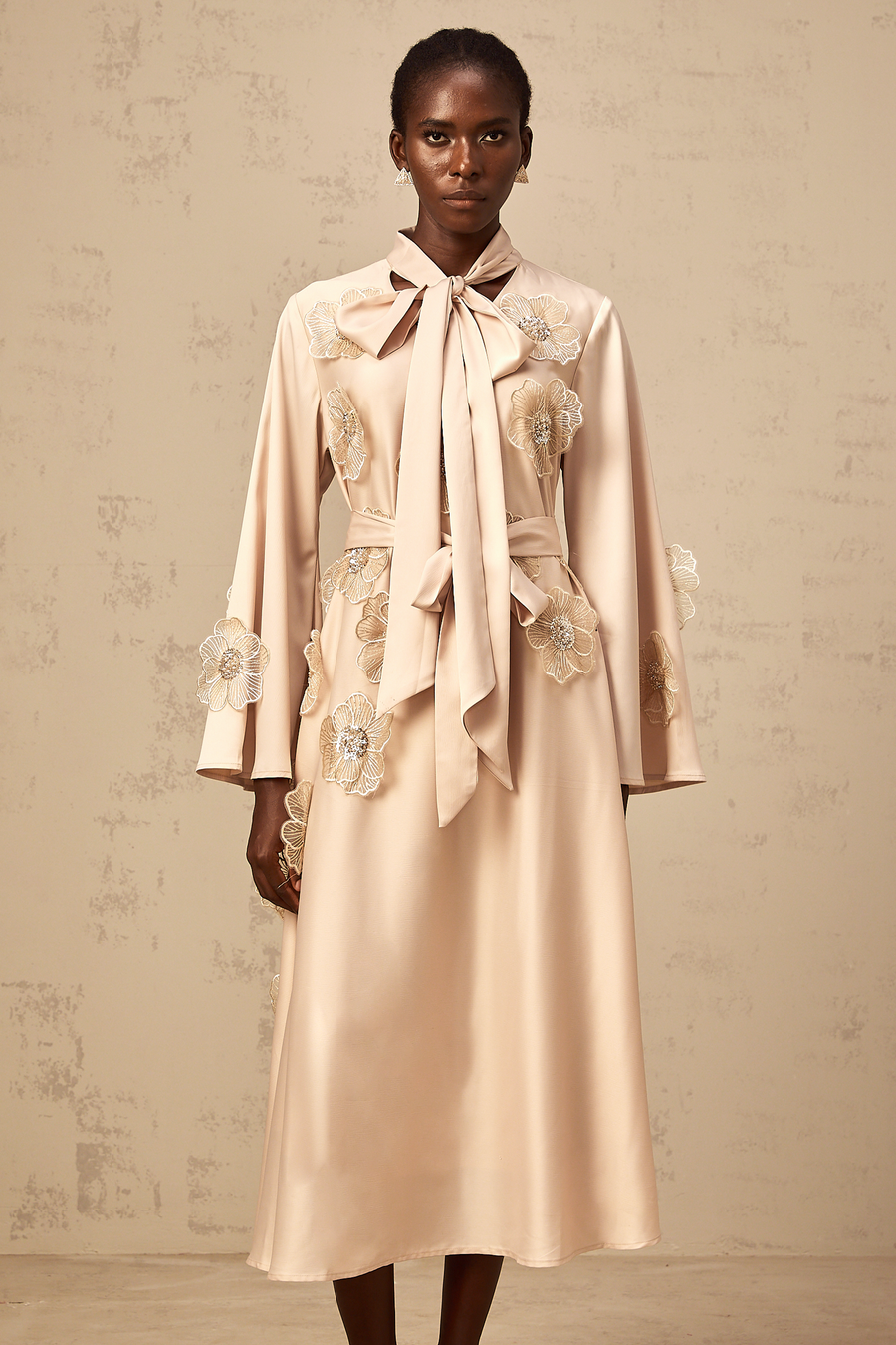 Orane tied floral-applique flared midi dress in Neutrals