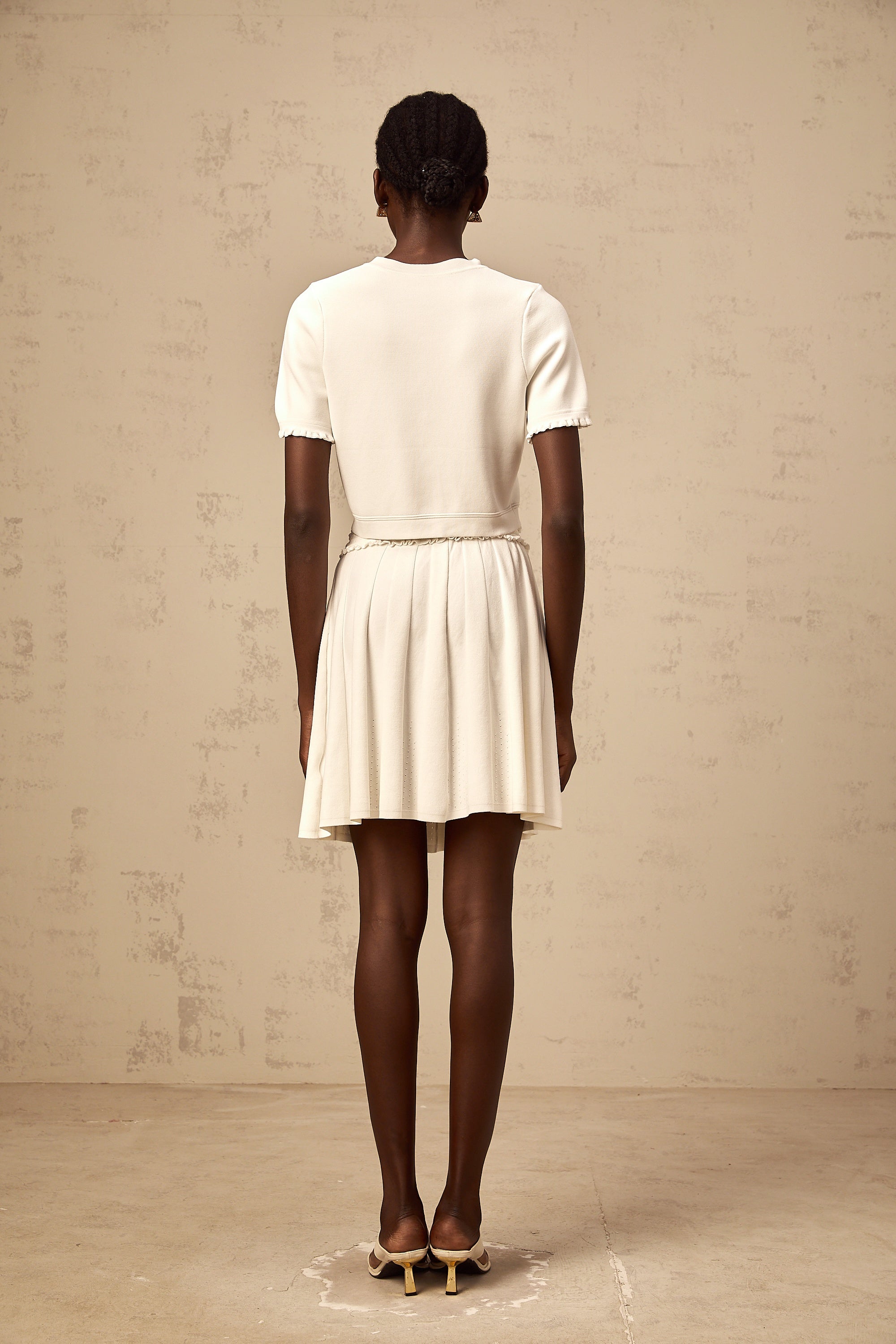 Zelda white ruffled-trim knit top & skirt matching set