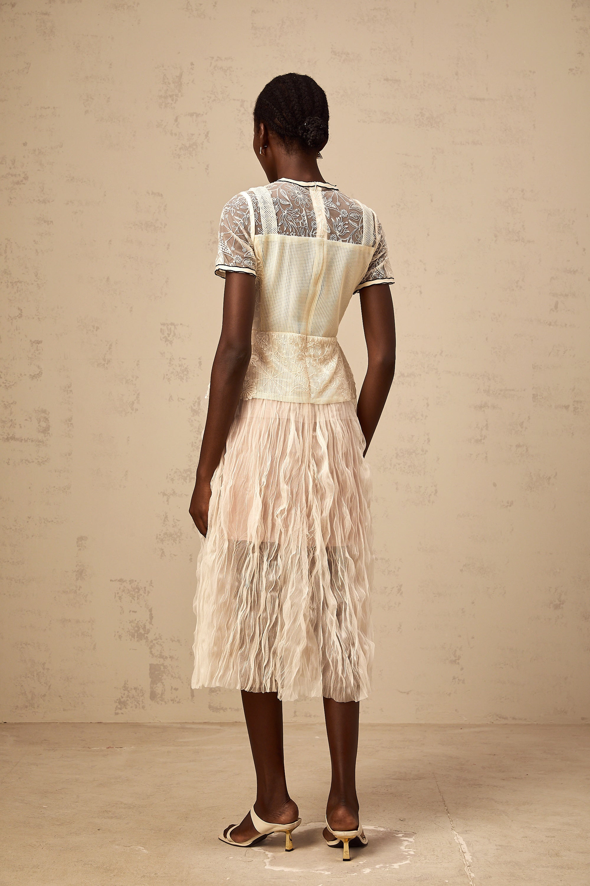 Sandrine beige embroidered tulle midi dress