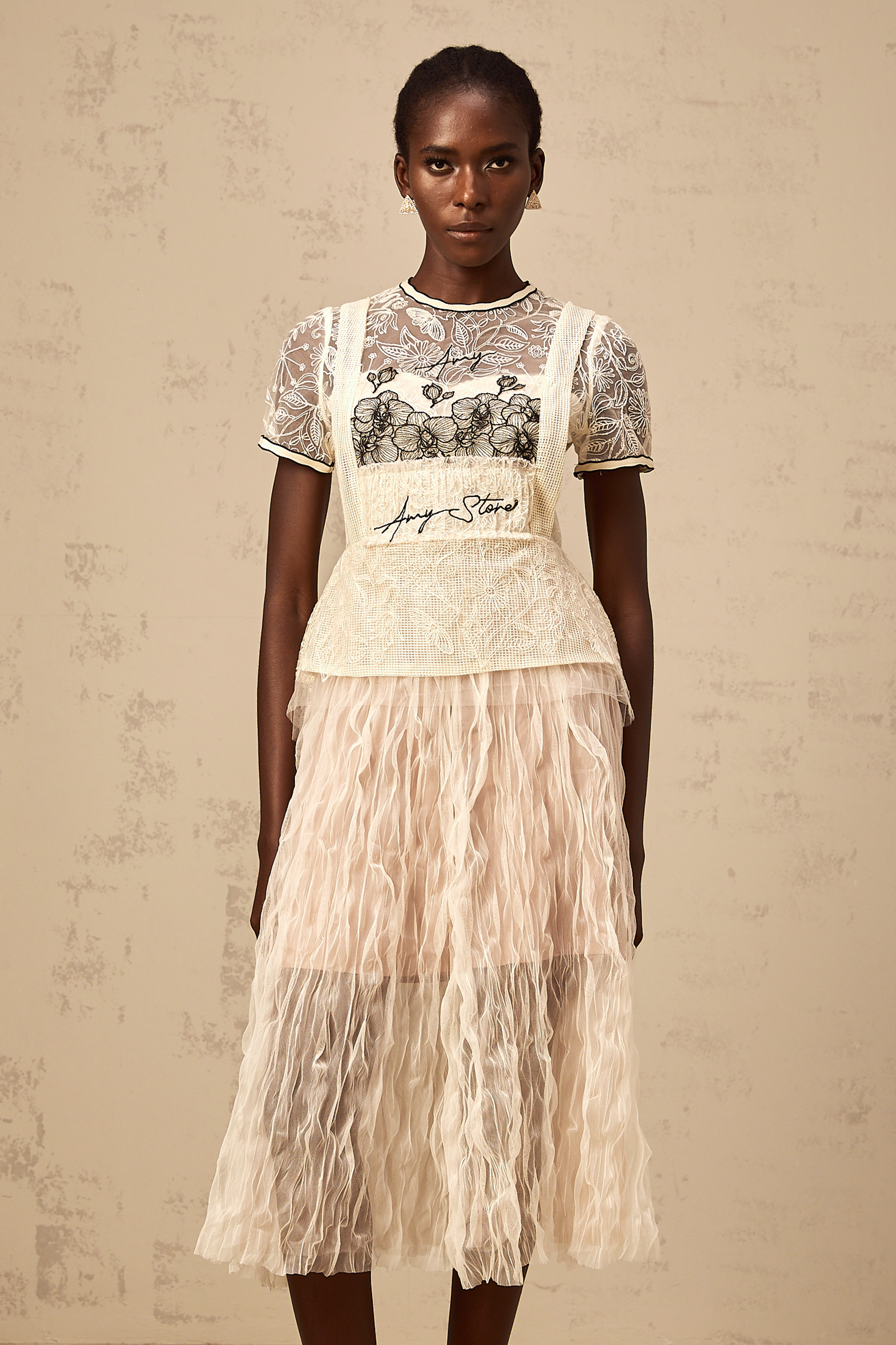 Sandrine beige embroidered tulle midi dress