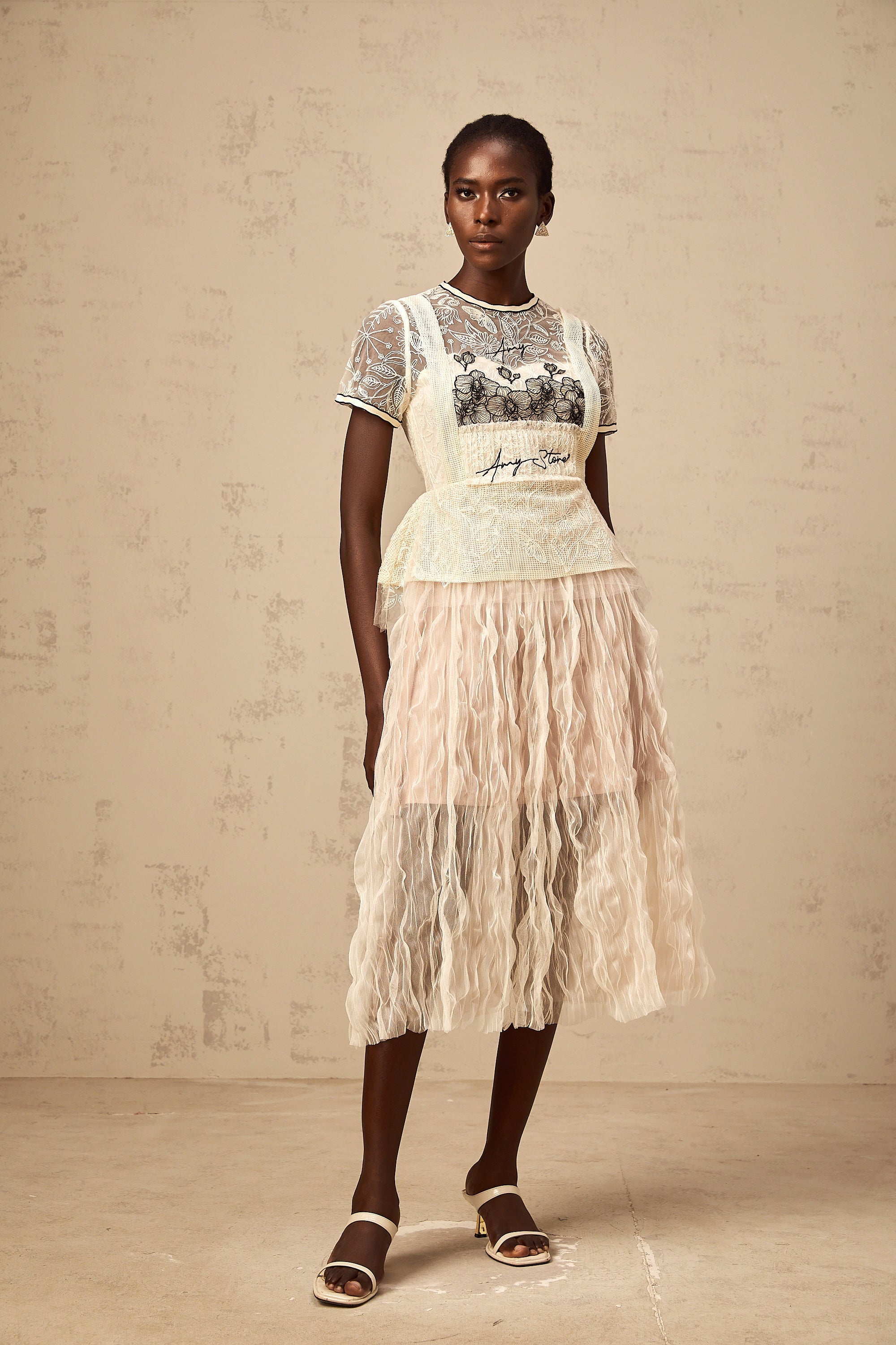 Sandrine beige embroidered tulle midi dress (Final Sale)