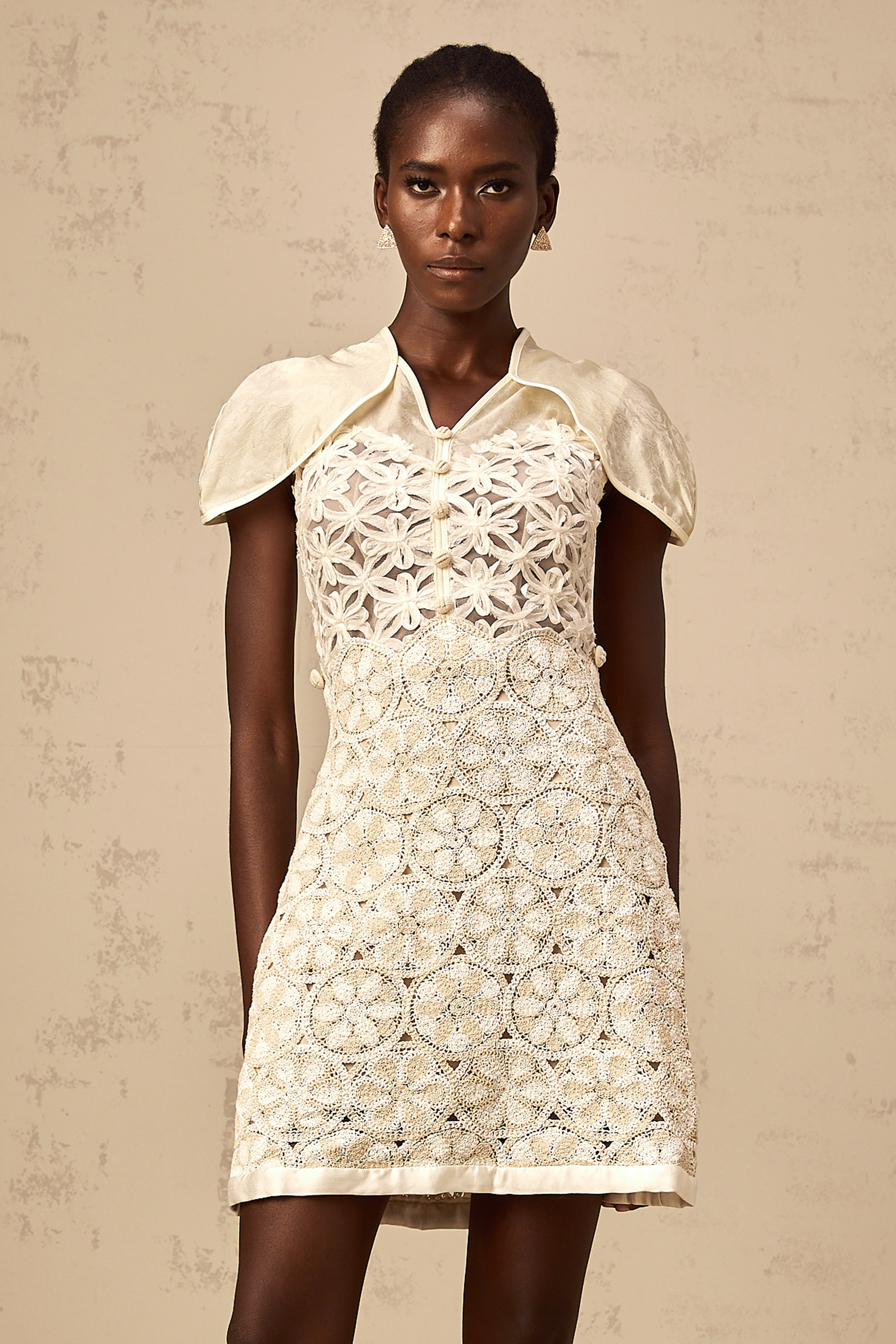 Wilhelmine cream embroidered panelled mini dress