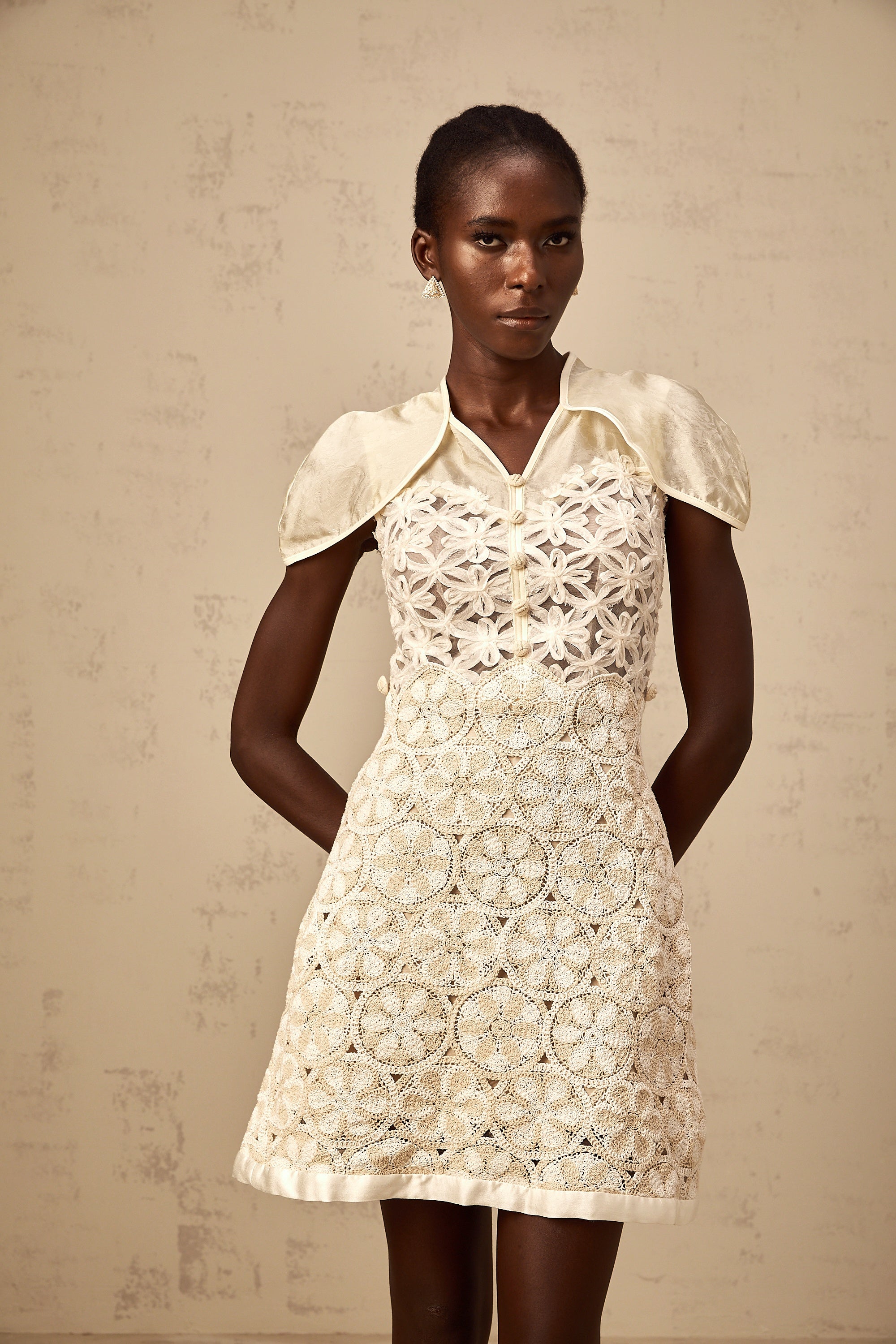 Wilhelmine cream embroidered panelled mini dress