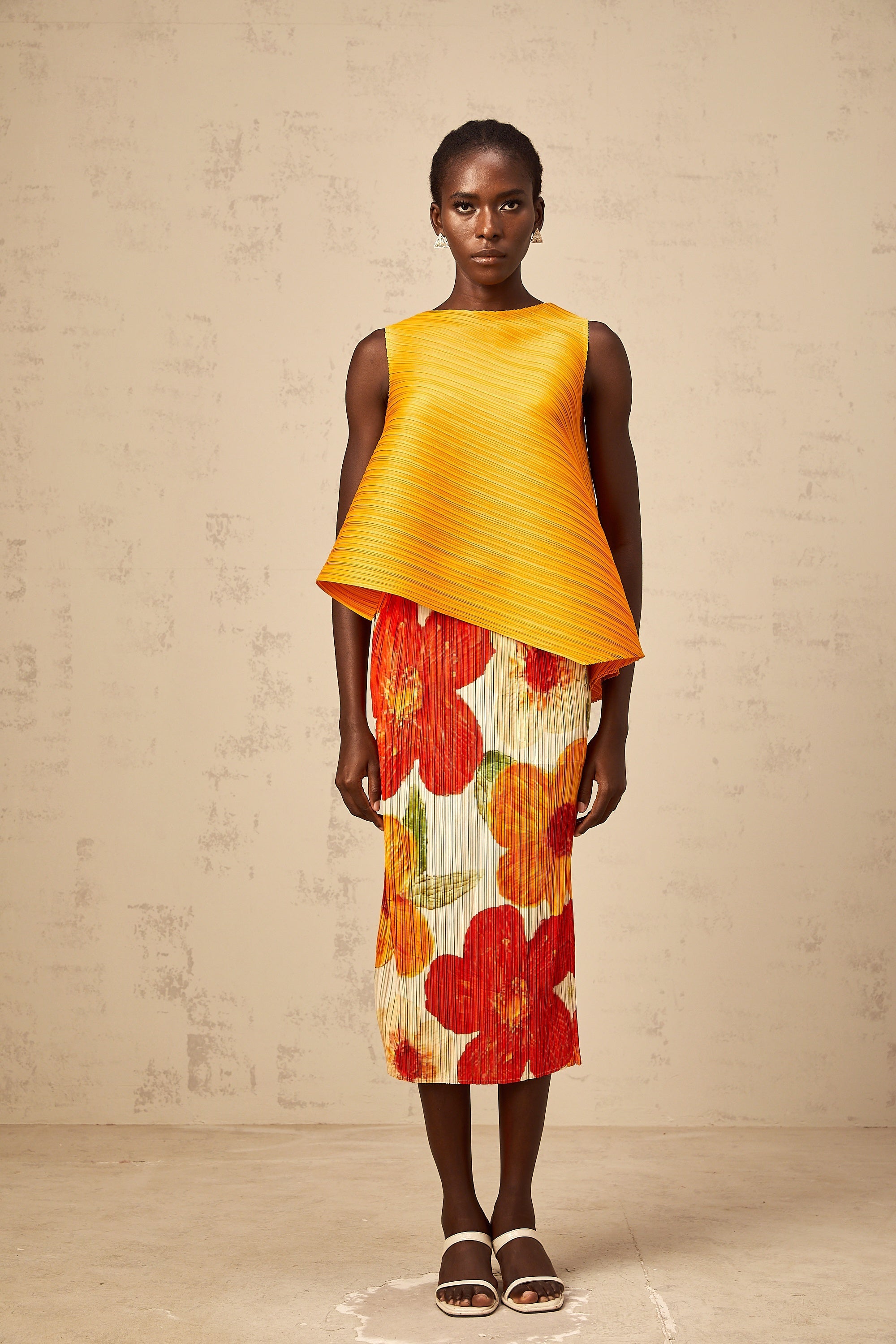 Zazie amber-orange crinkled-finish top & skirt matching set