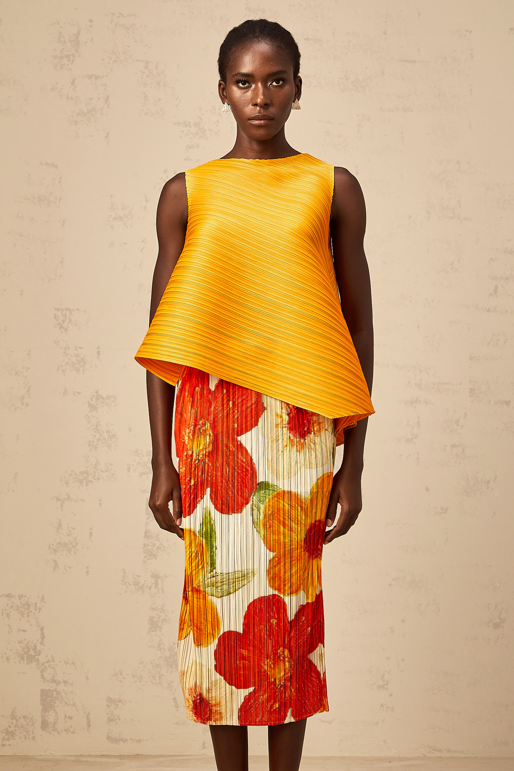 Zazie amber-orange crinkled-finish top & skirt matching set