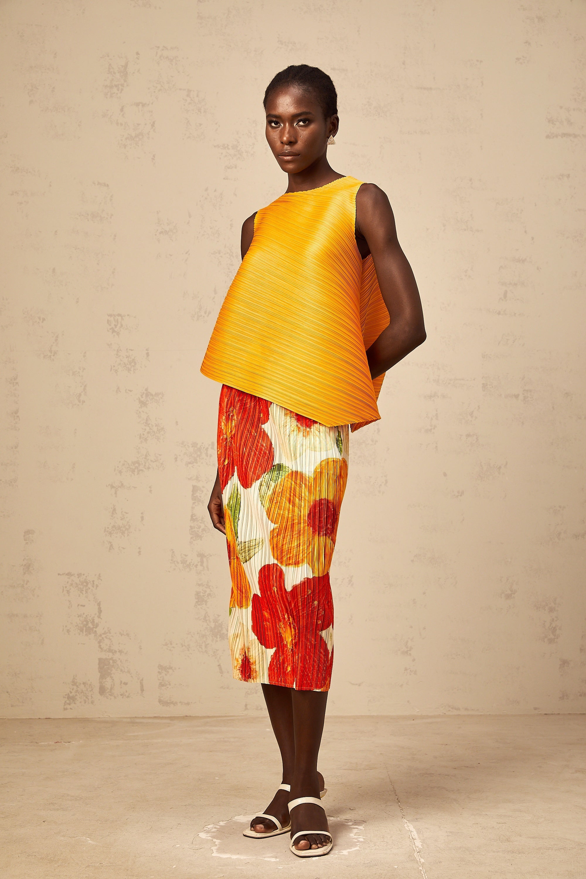 Zazie amber-orange crinkled-finish top & skirt matching set
