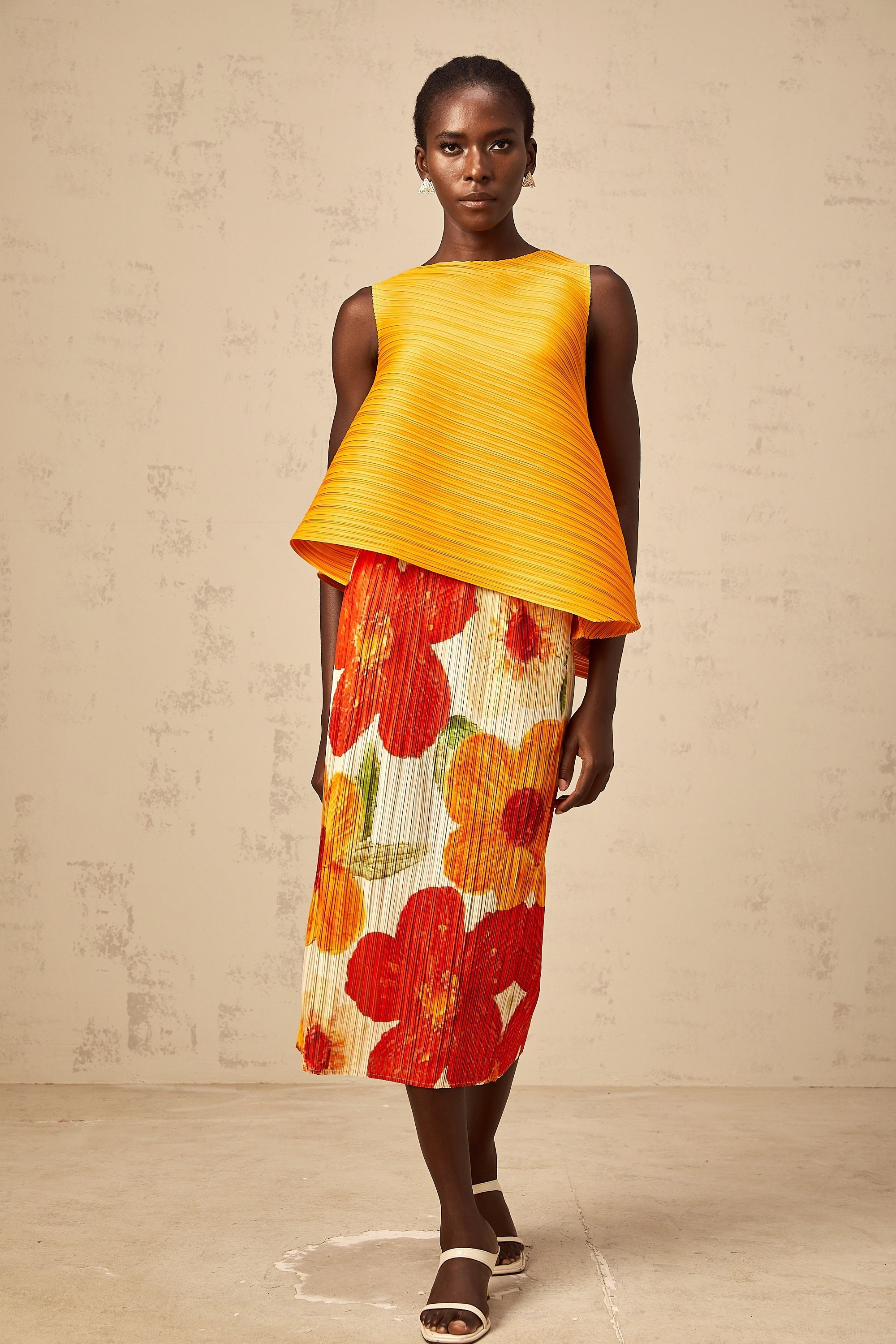 Zazie amber-orange crinkled-finish top & skirt matching set