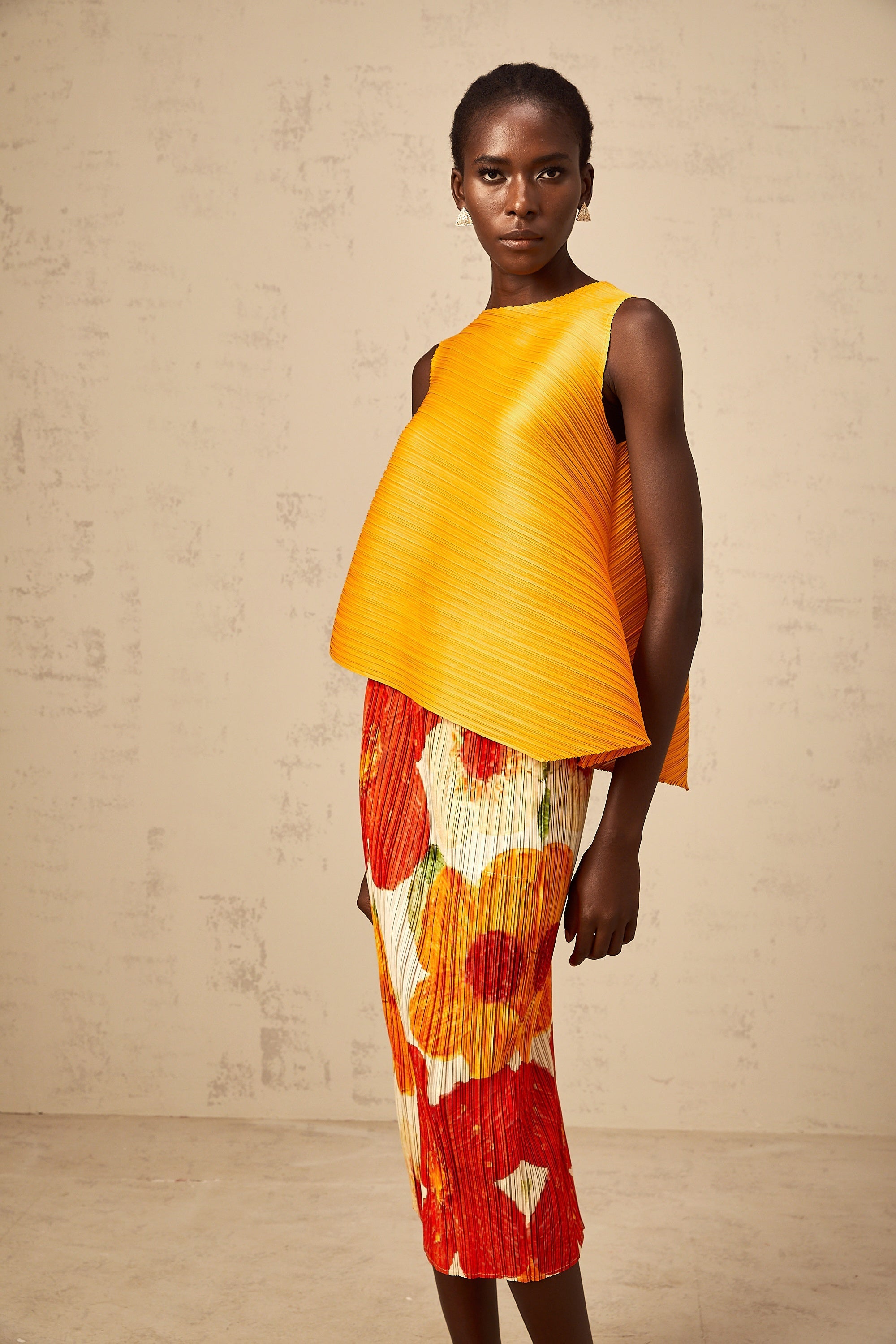 Zazie amber-orange crinkled-finish top & skirt matching set