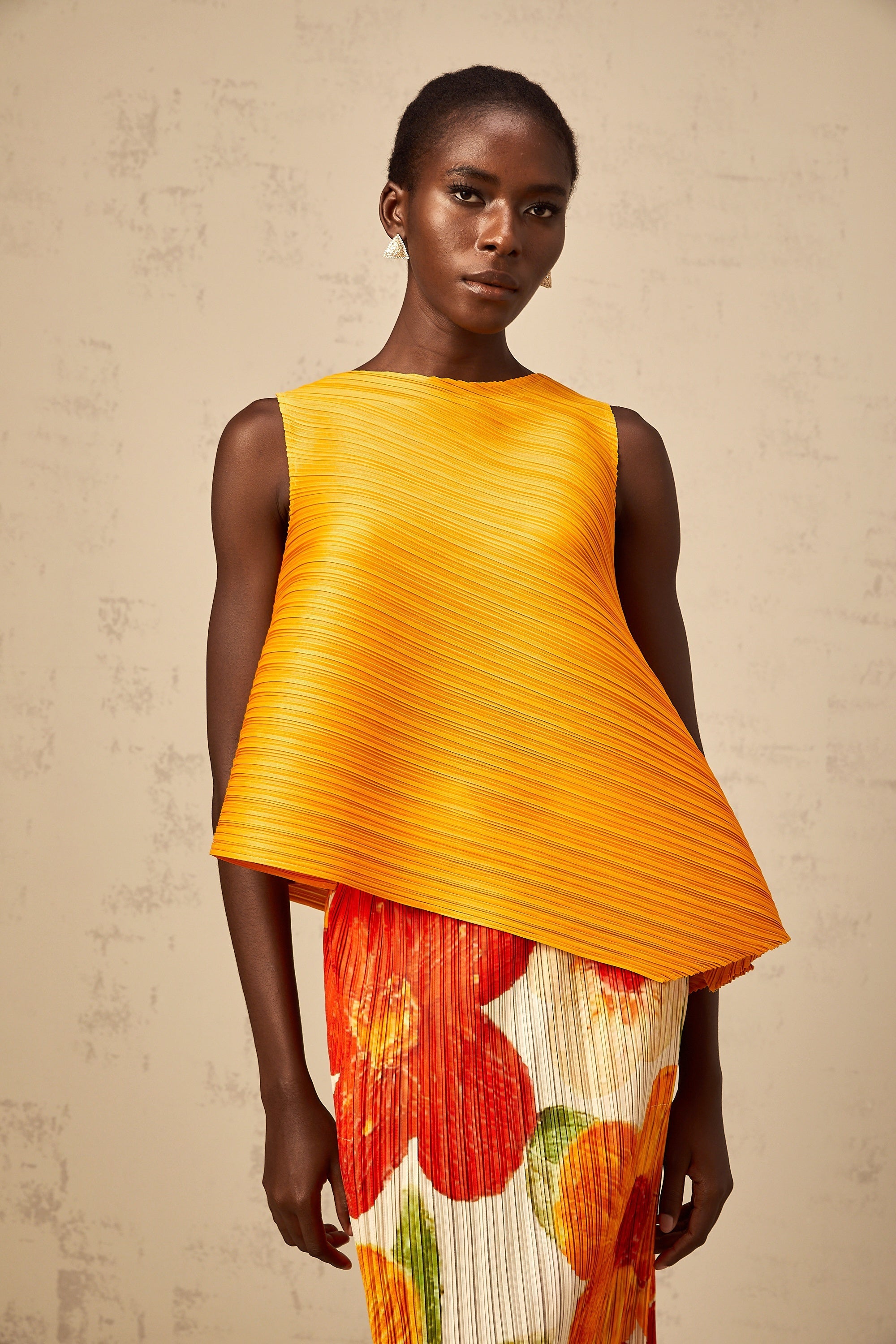 Zazie amber-orange crinkled-finish top & skirt matching set