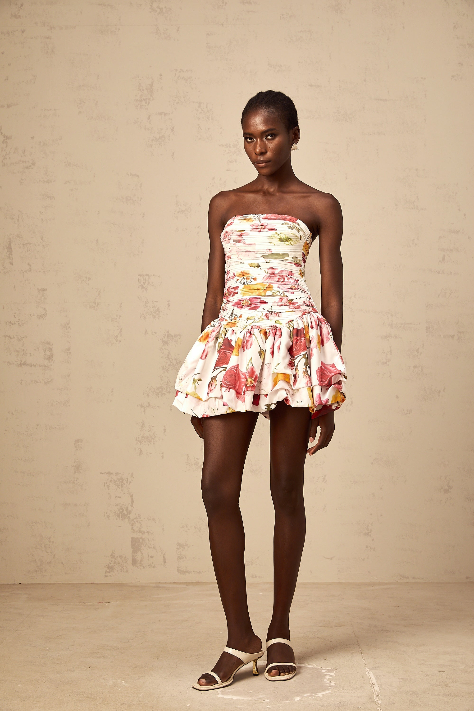 Inès pink floral-print smocked mini dress