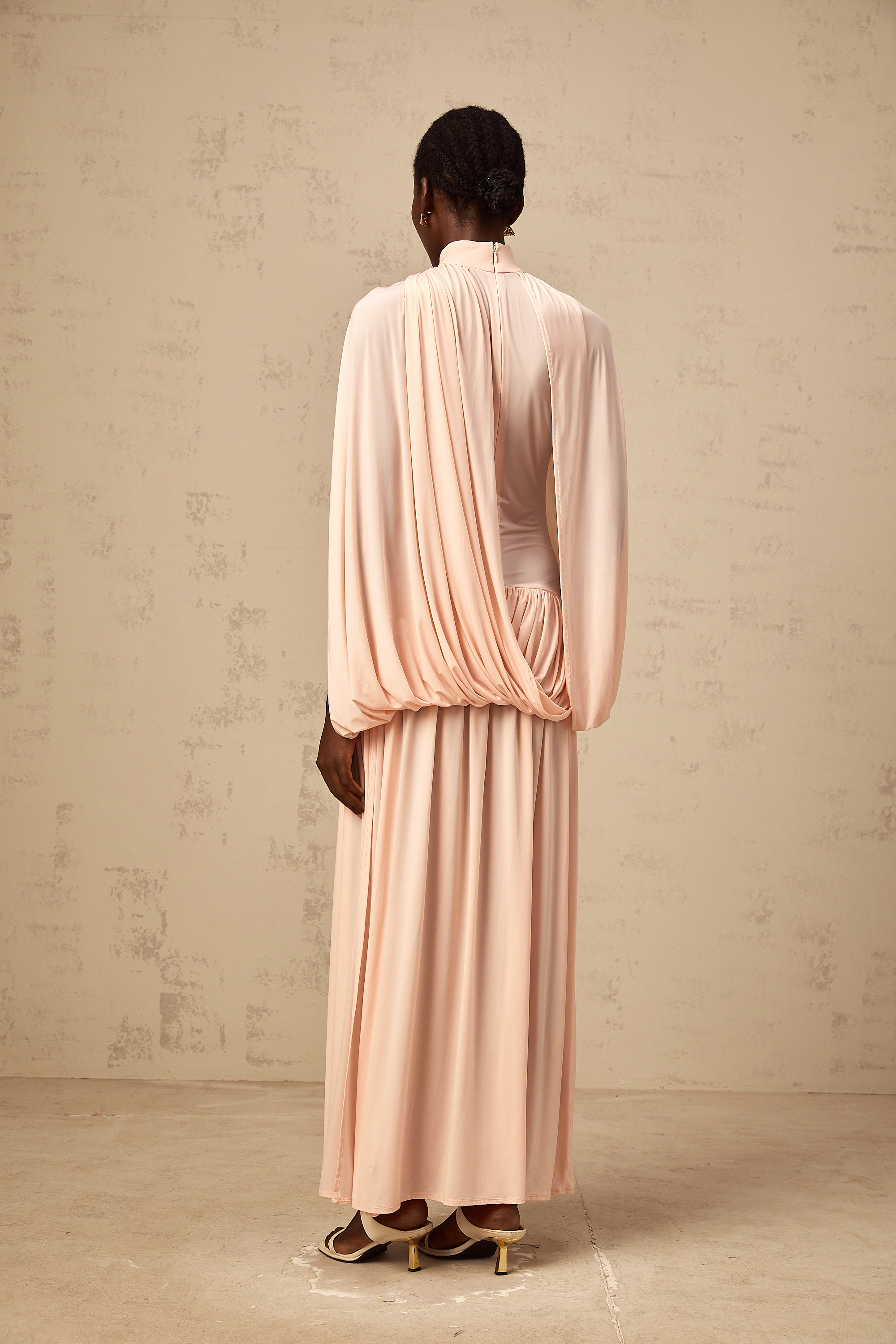 Sacha pink cape-design asymmetrical maxi dress