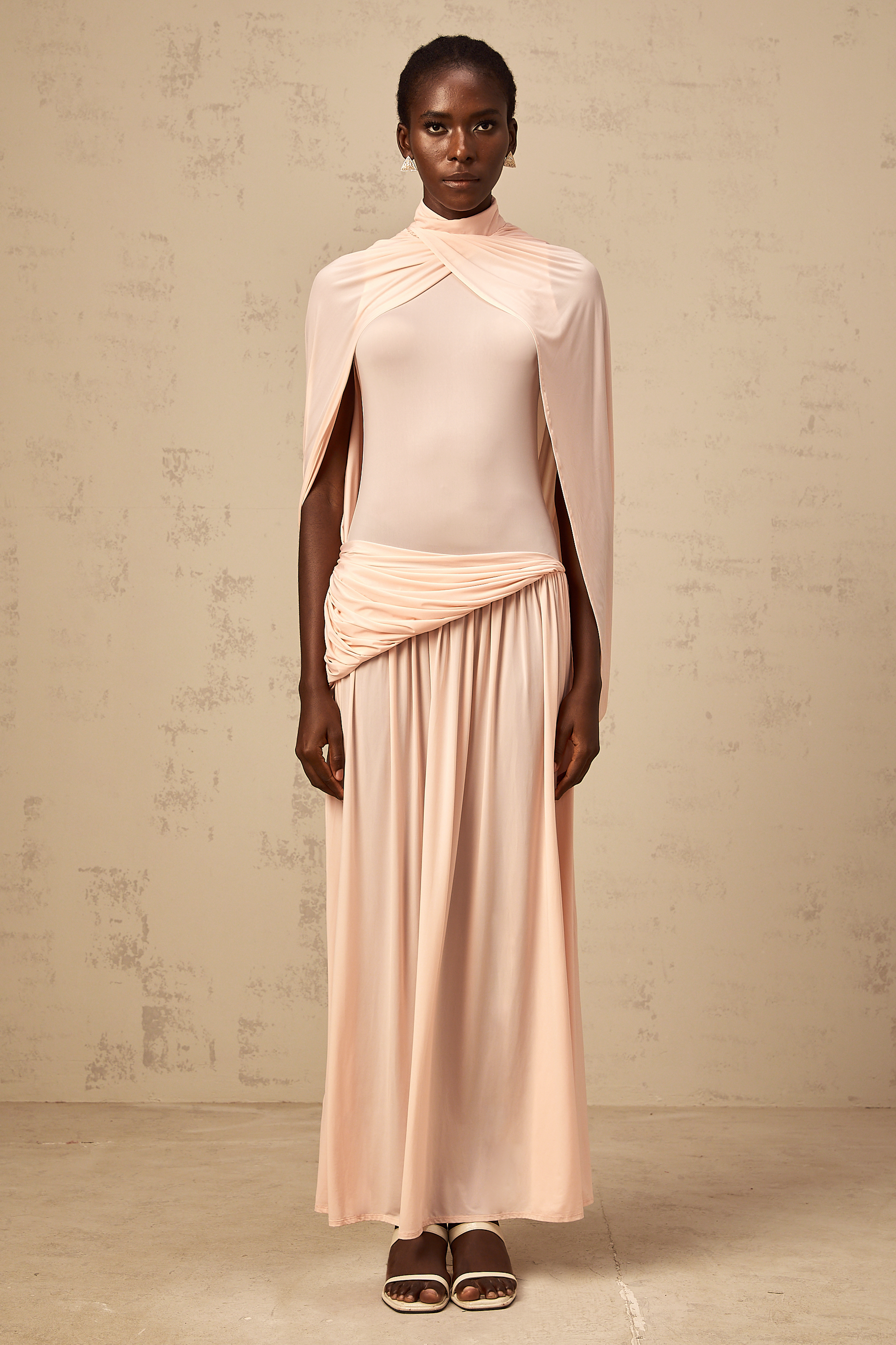 Sacha pink cape-design asymmetrical maxi dress
