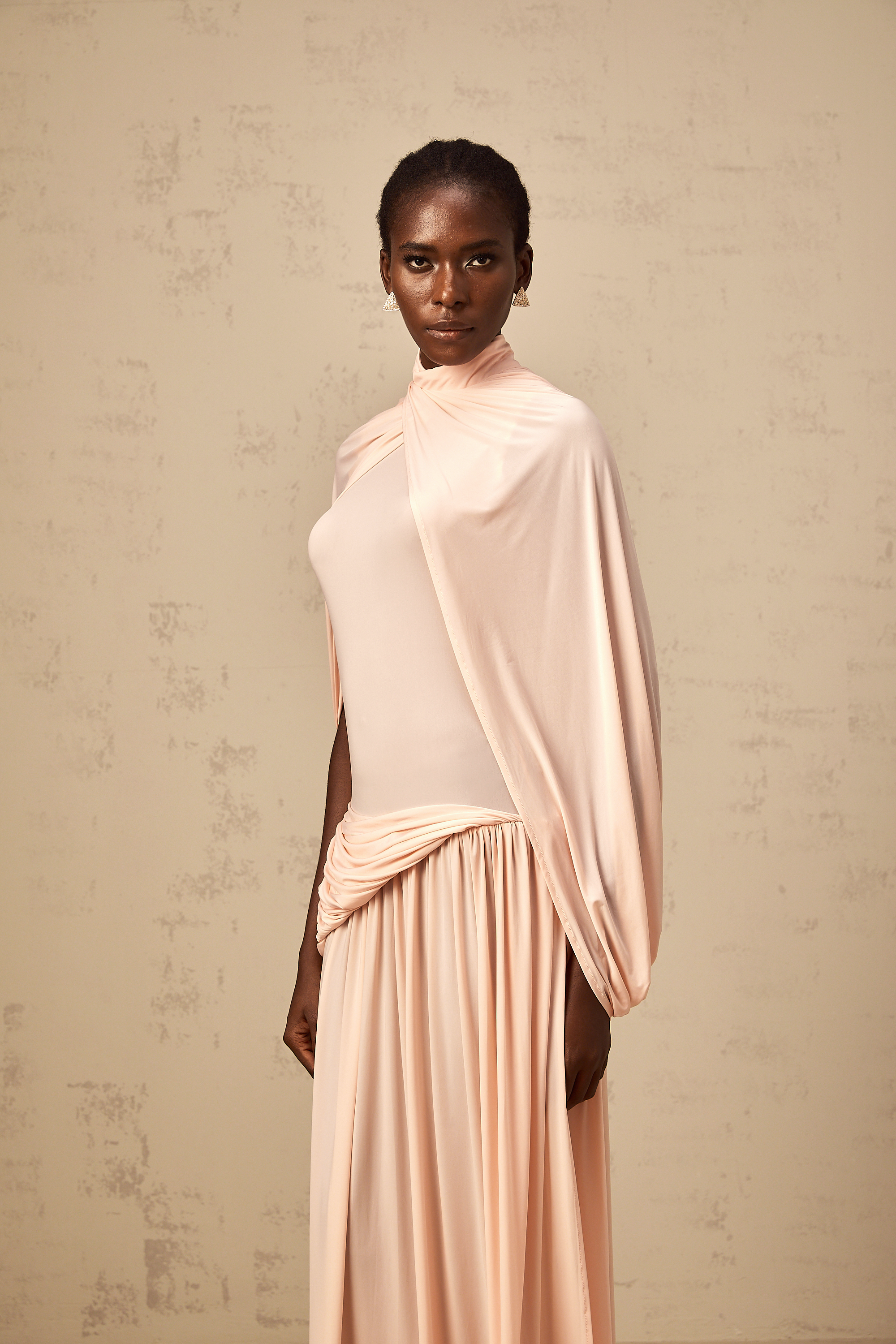 Sacha pink cape-design asymmetrical maxi dress