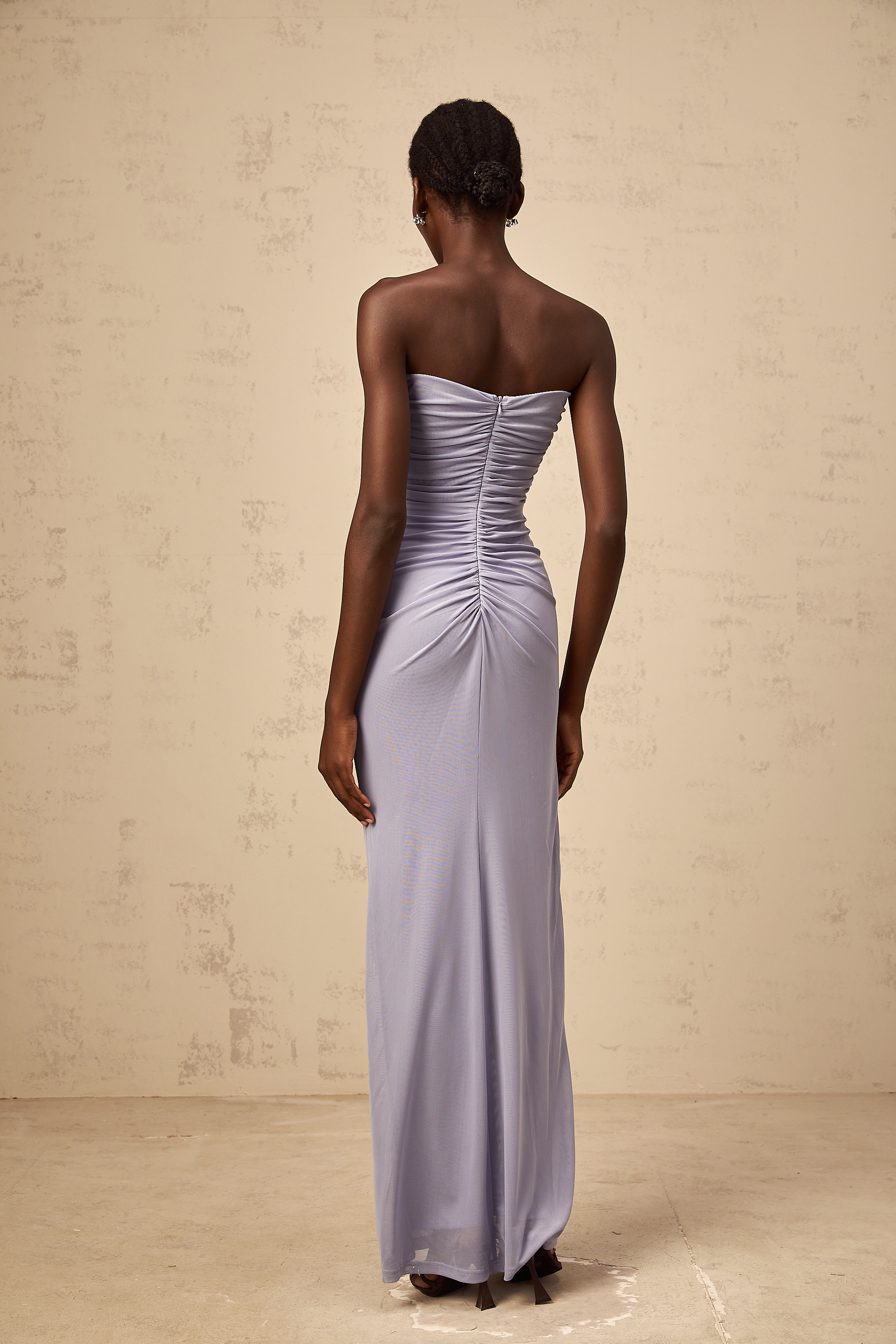 Karine lavender 3D-petal ruched corset maxi dress