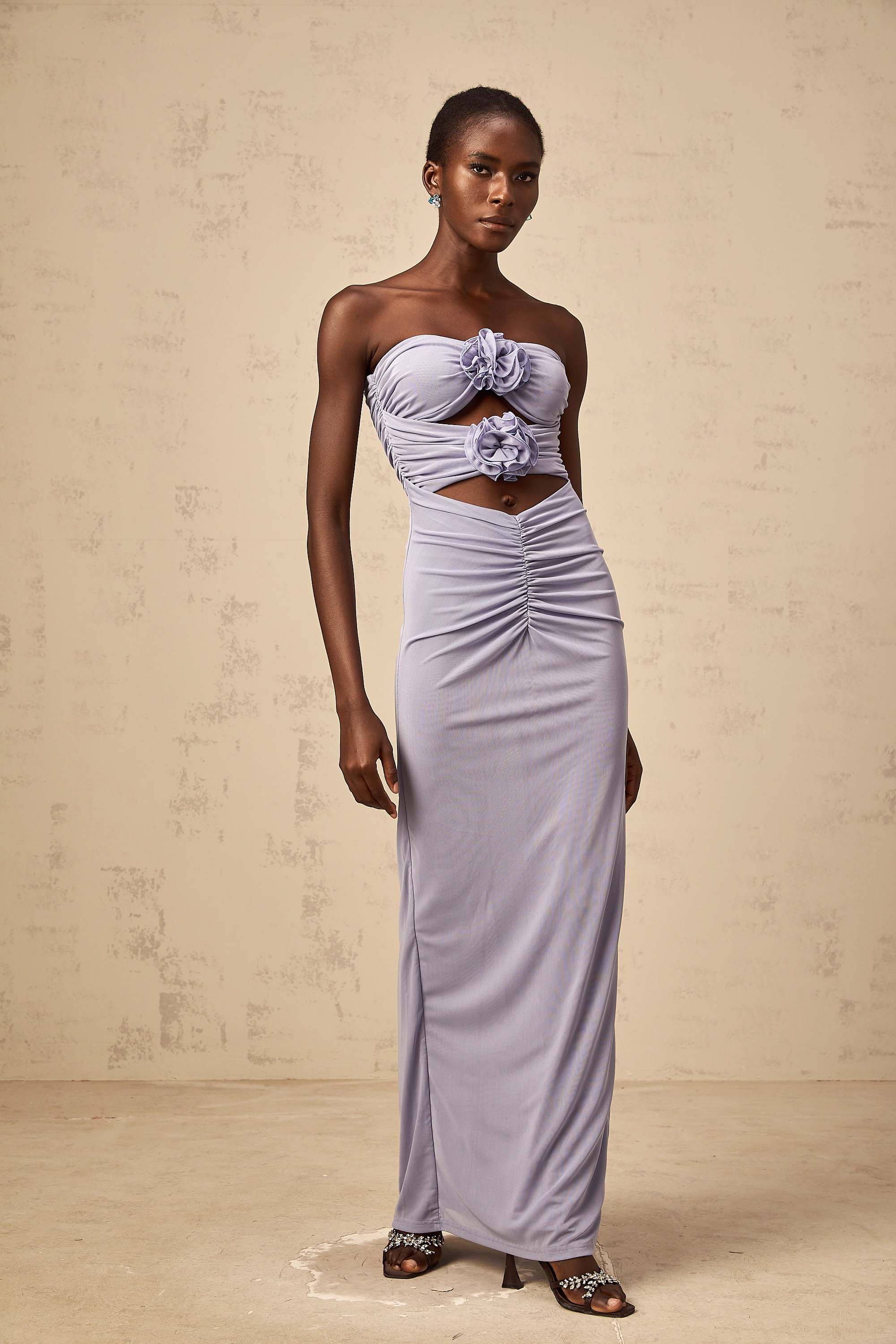 Karine lavender 3D-petal ruched corset maxi dress