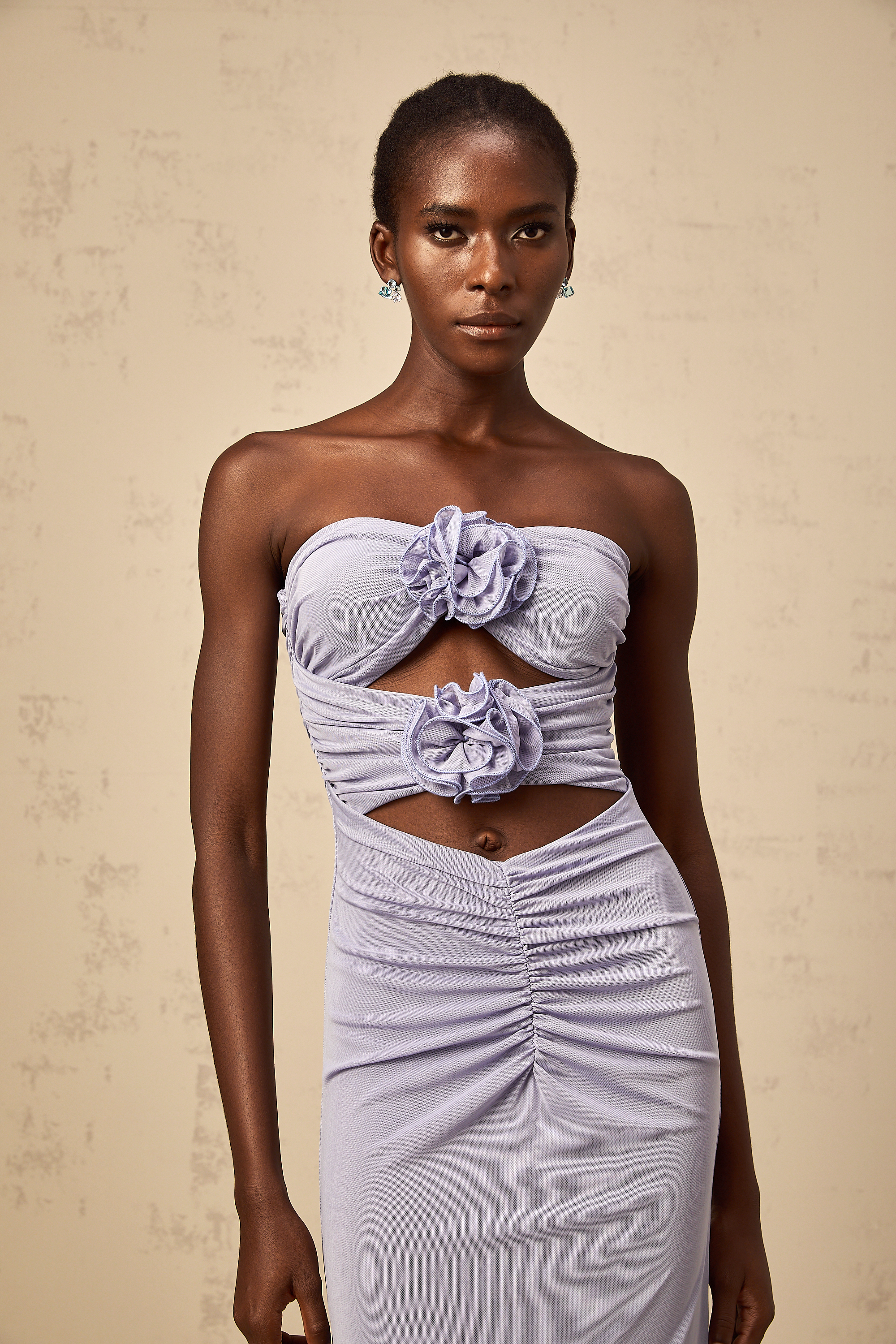 Karine lavender 3D-petal ruched corset maxi dress