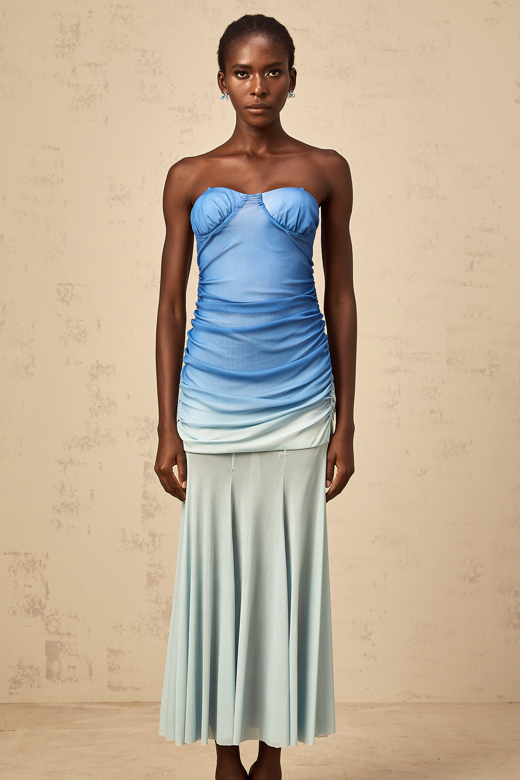 Océane blue gradient mesh midi dress