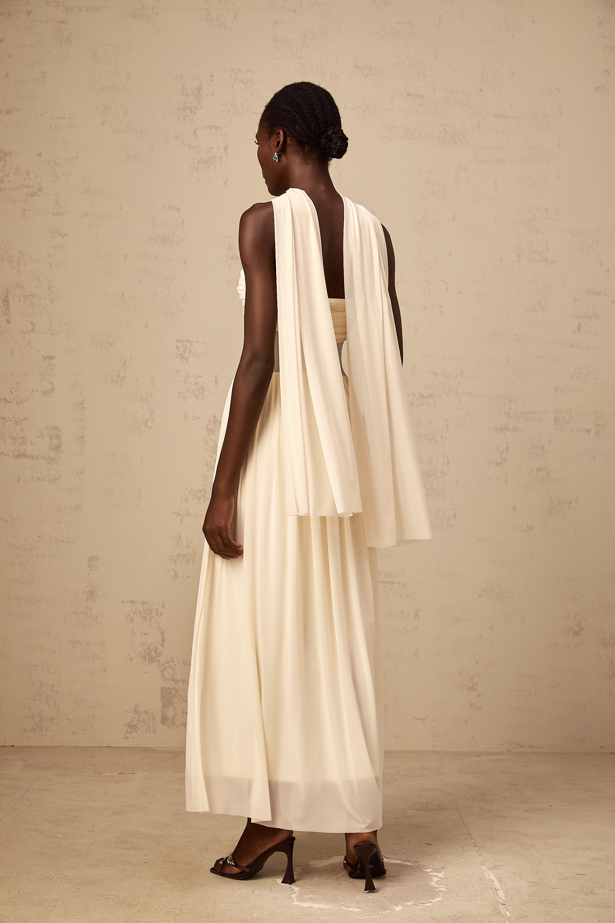 Héloïse neutrals scarf-design mesh midi dress