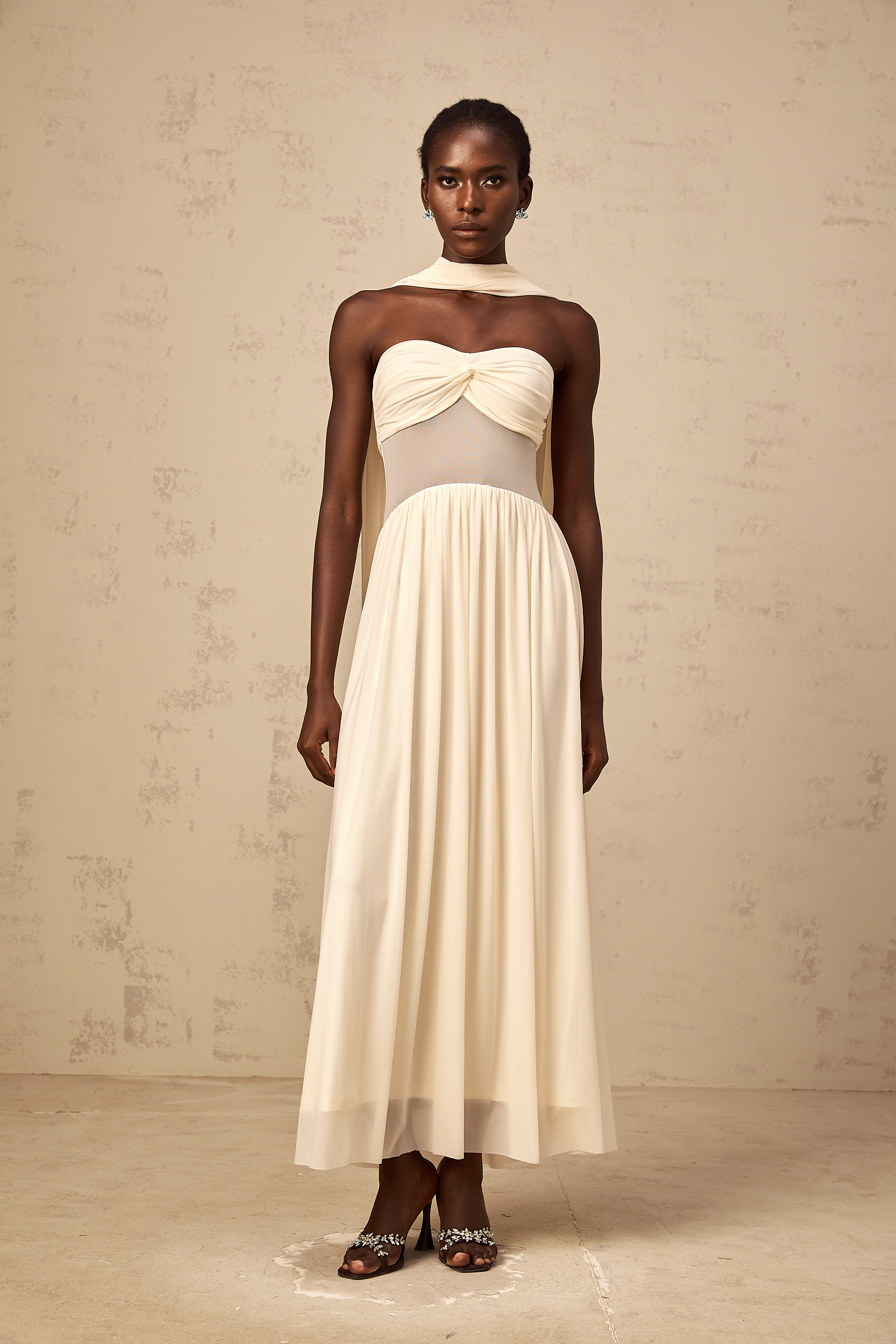 Héloïse neutrals scarf-design mesh midi dress