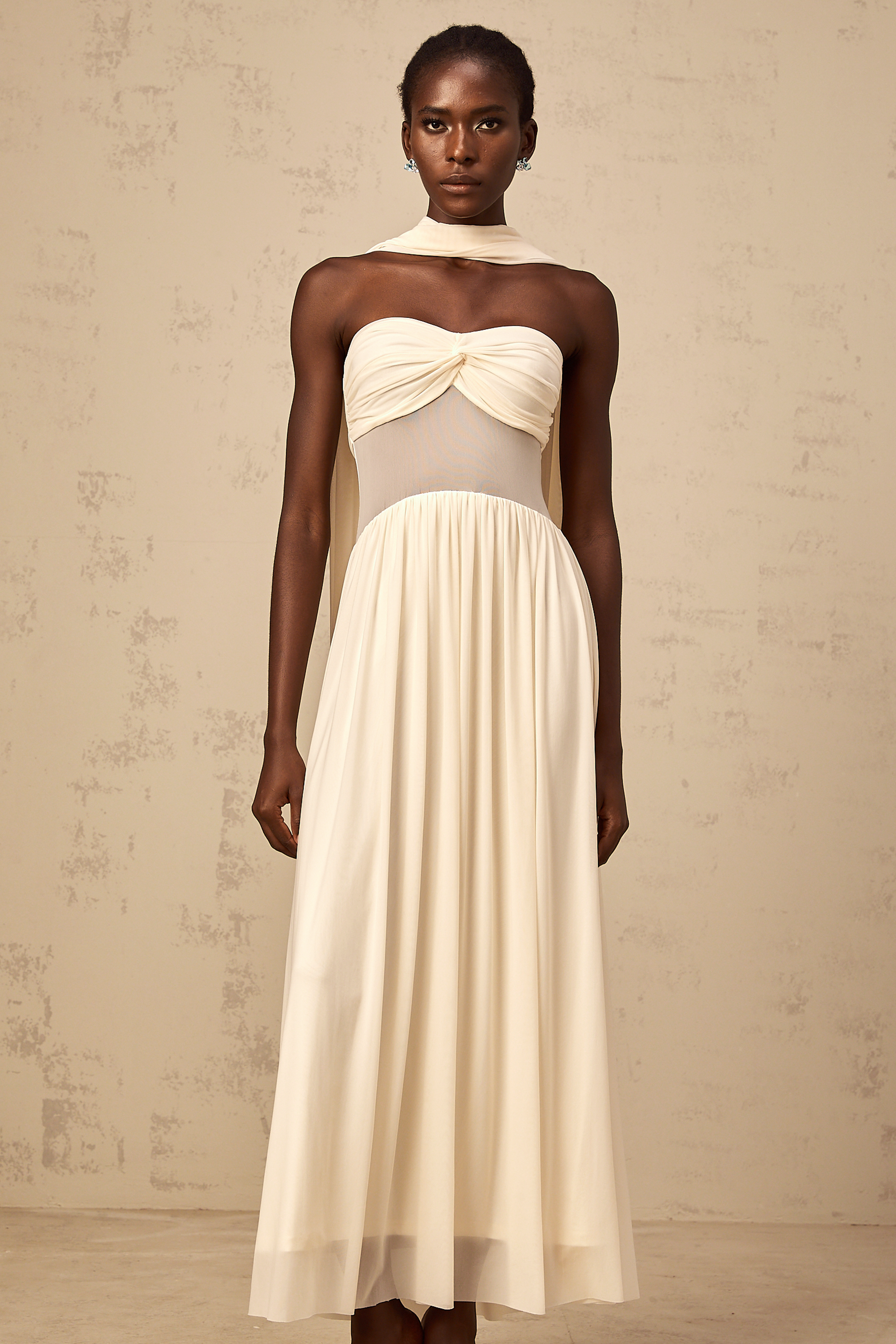 Héloïse neutrals scarf-design mesh midi dress