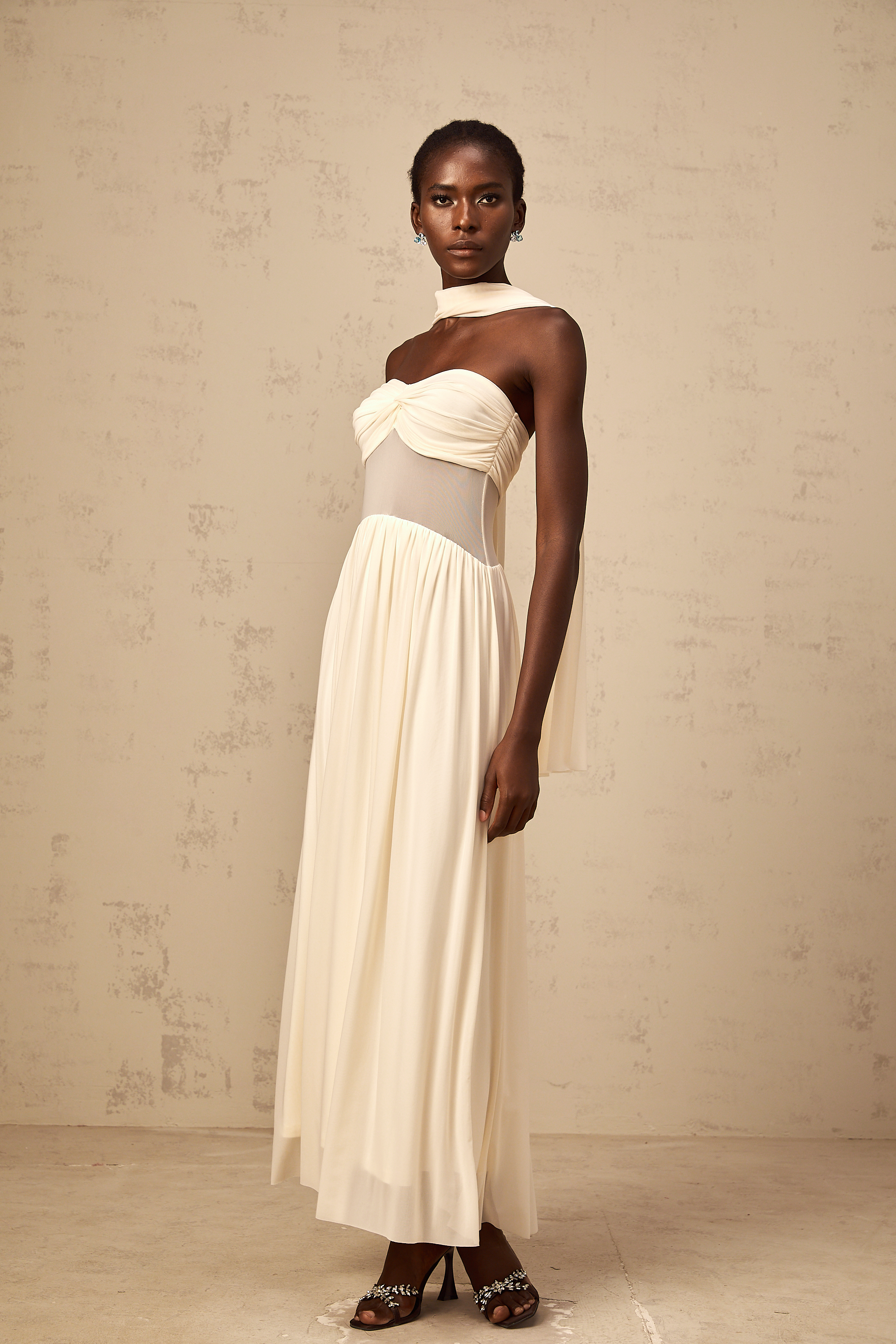 Héloïse neutrals scarf-design mesh midi dress
