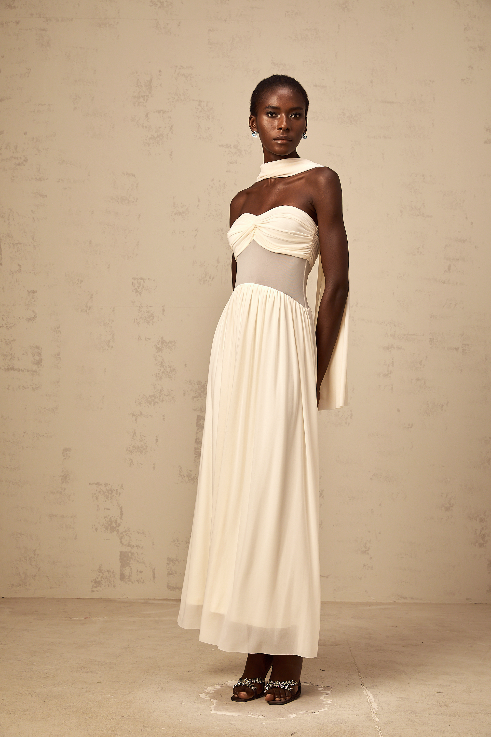 Héloïse neutrals scarf-design mesh midi dress