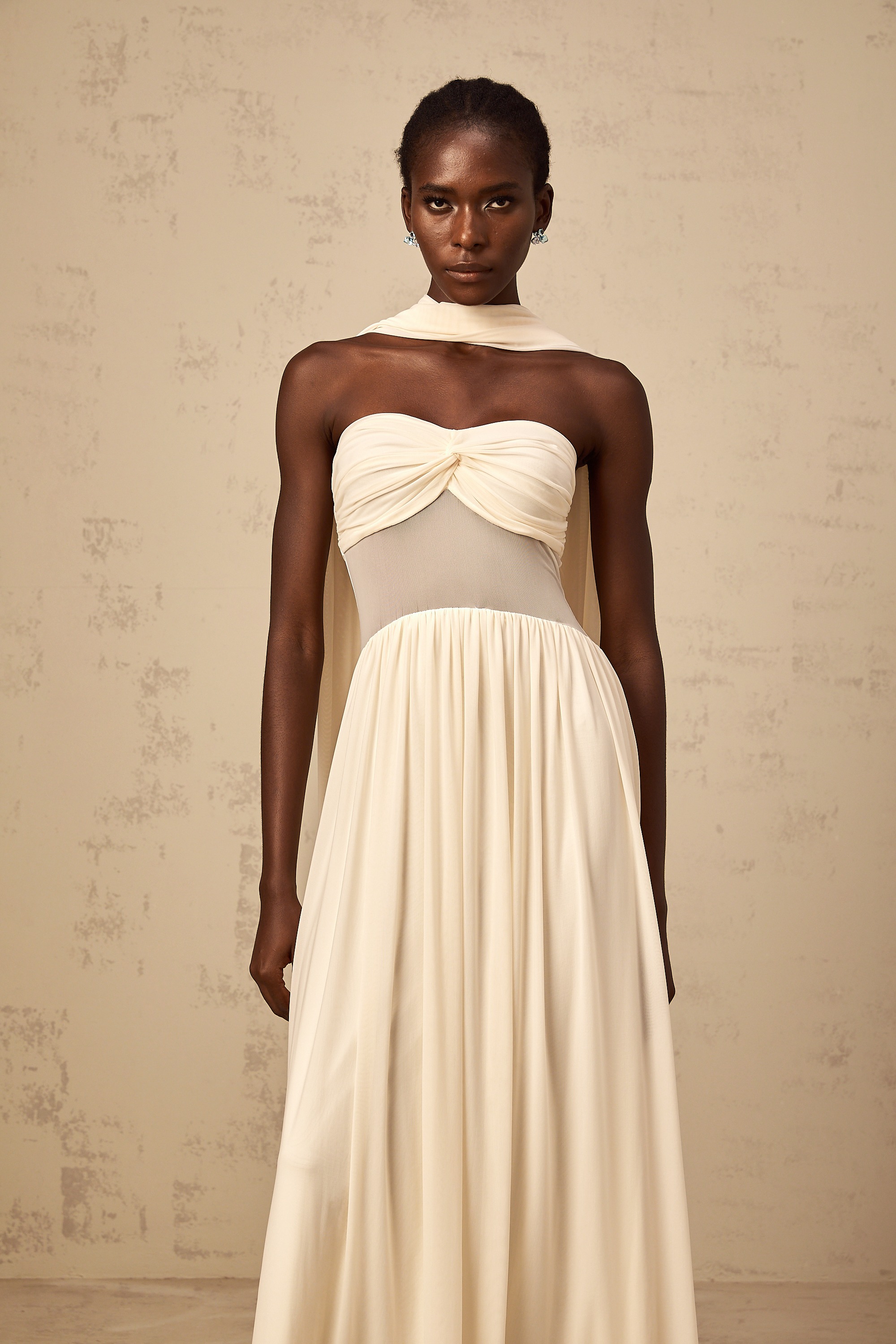 Héloïse neutrals scarf-design mesh midi dress