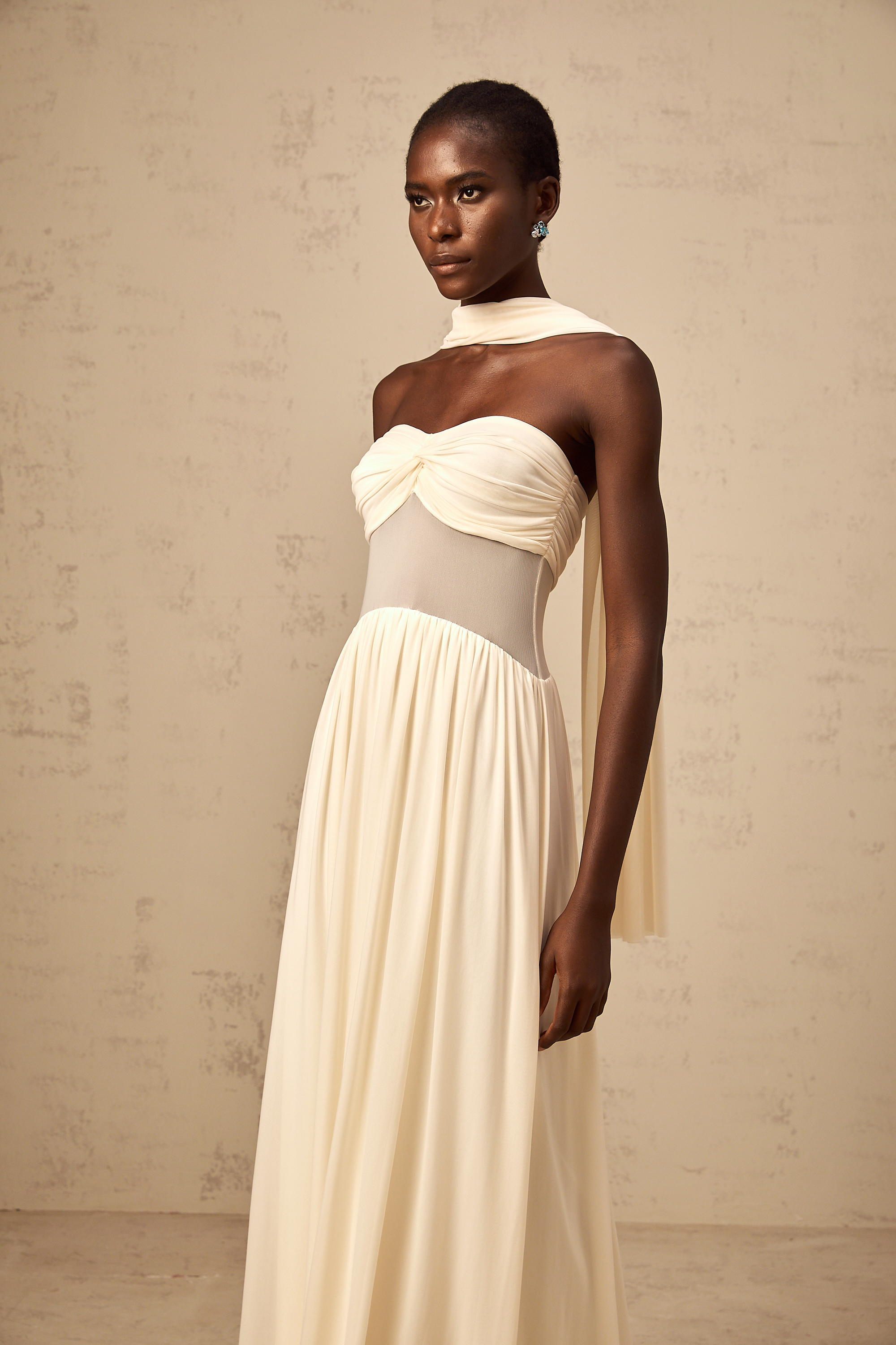 Héloïse neutrals scarf-design mesh midi dress