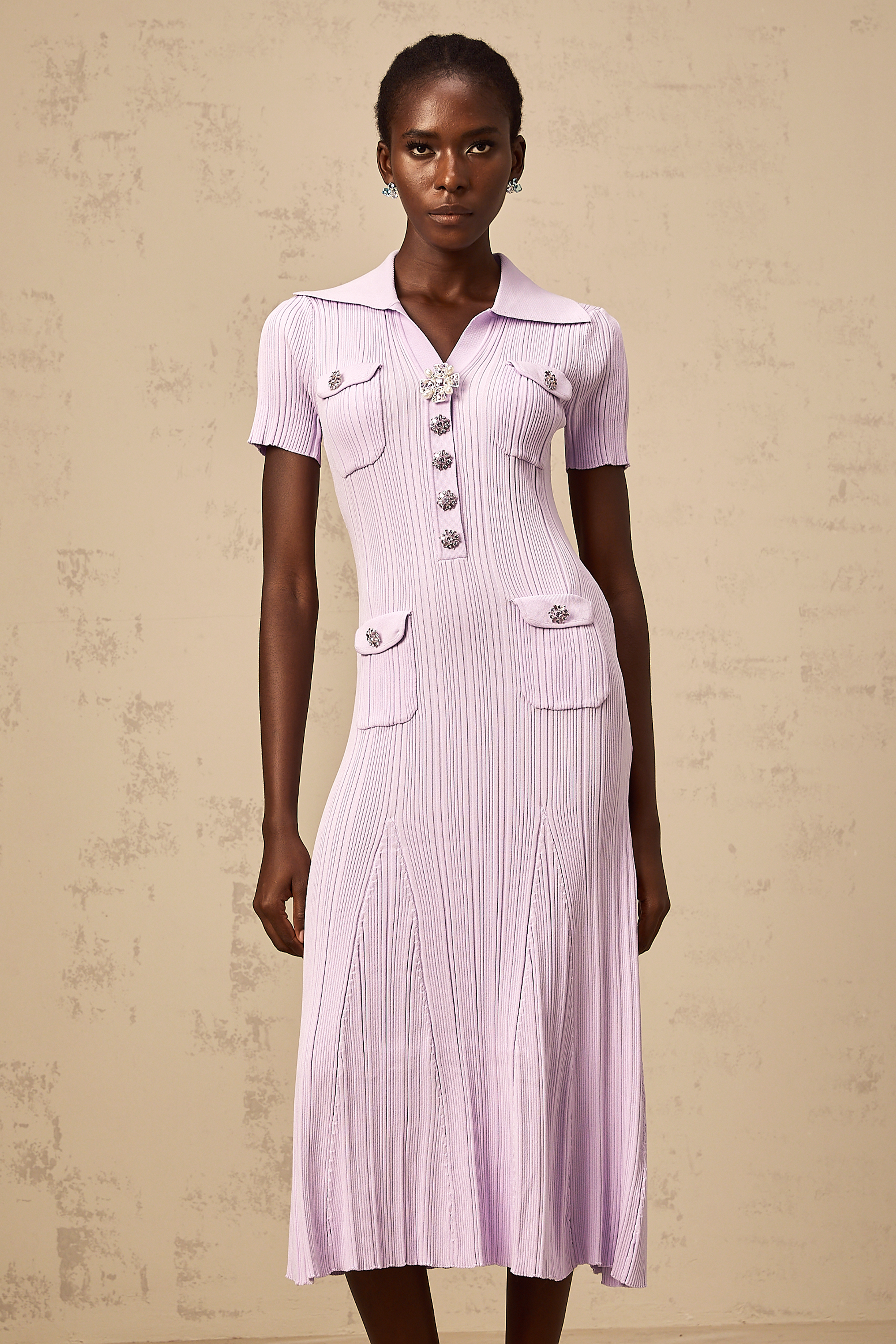 Céleste purple flared-hem rib-knit midi dress