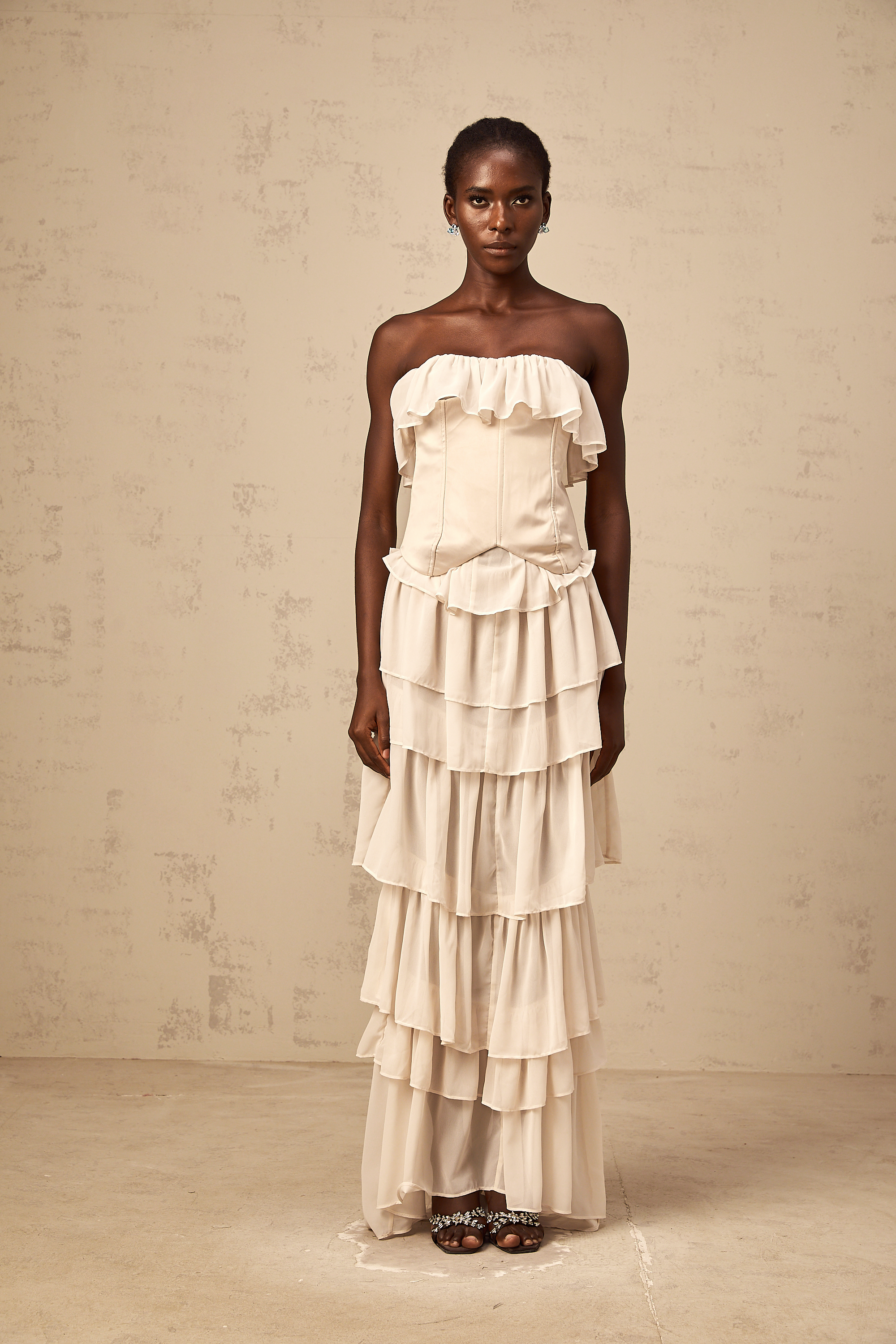 Airelle beige off-shoulder tiered corset & dress matching set