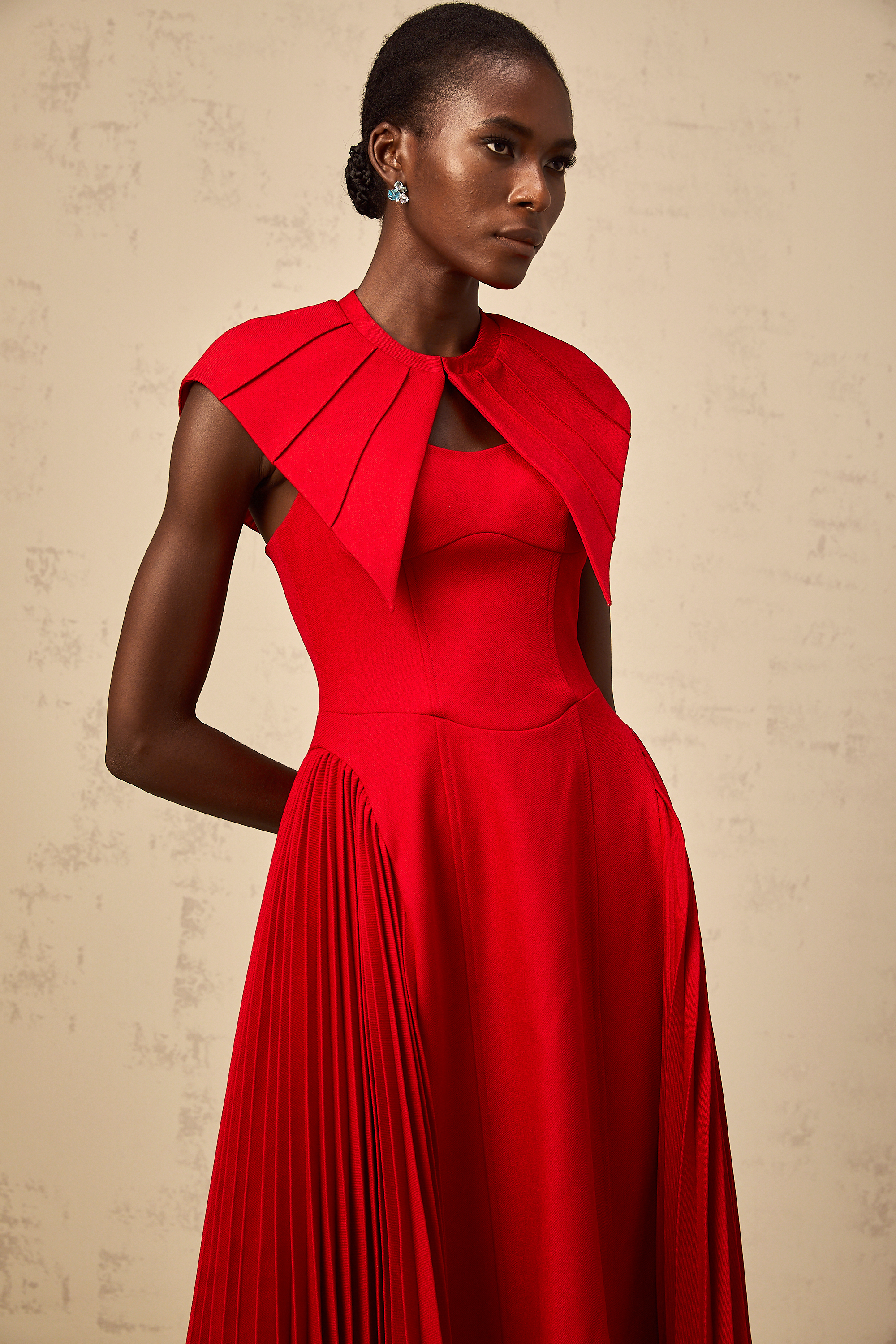 Amaryllis red cape-design pleated midi dress