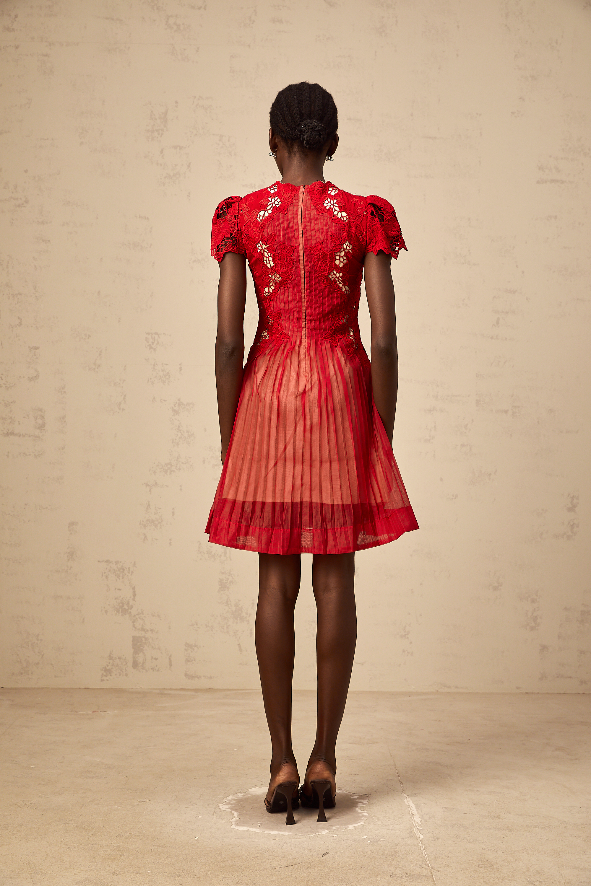 Corinne red flower-embroidered pleated mini dress