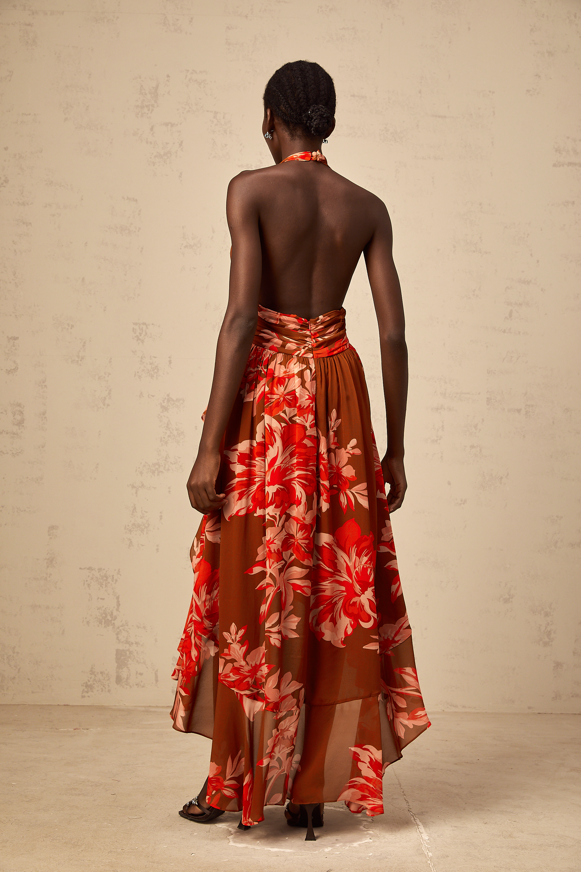 Angélique brown floral-print asymmetrical maxi dress