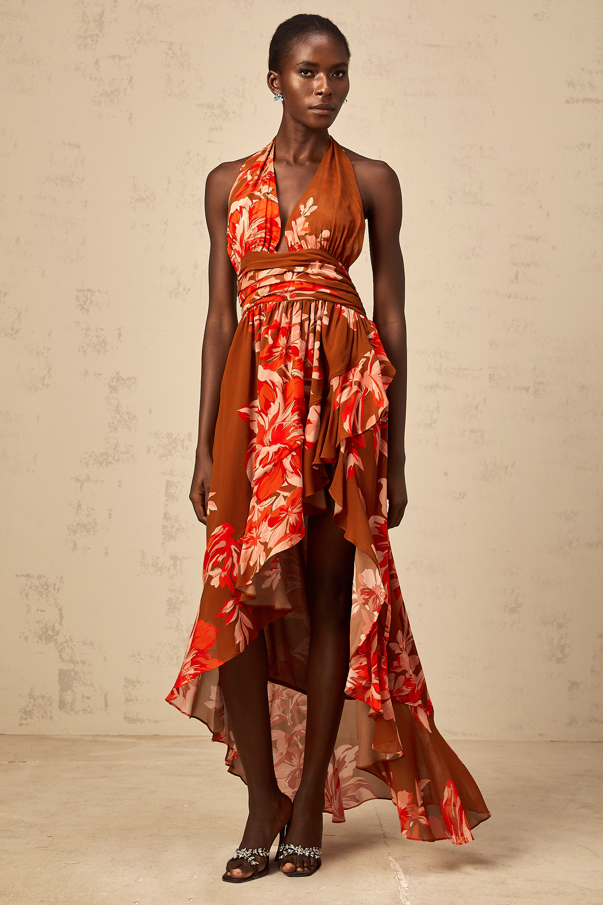 Angélique brown floral-print asymmetrical maxi dress