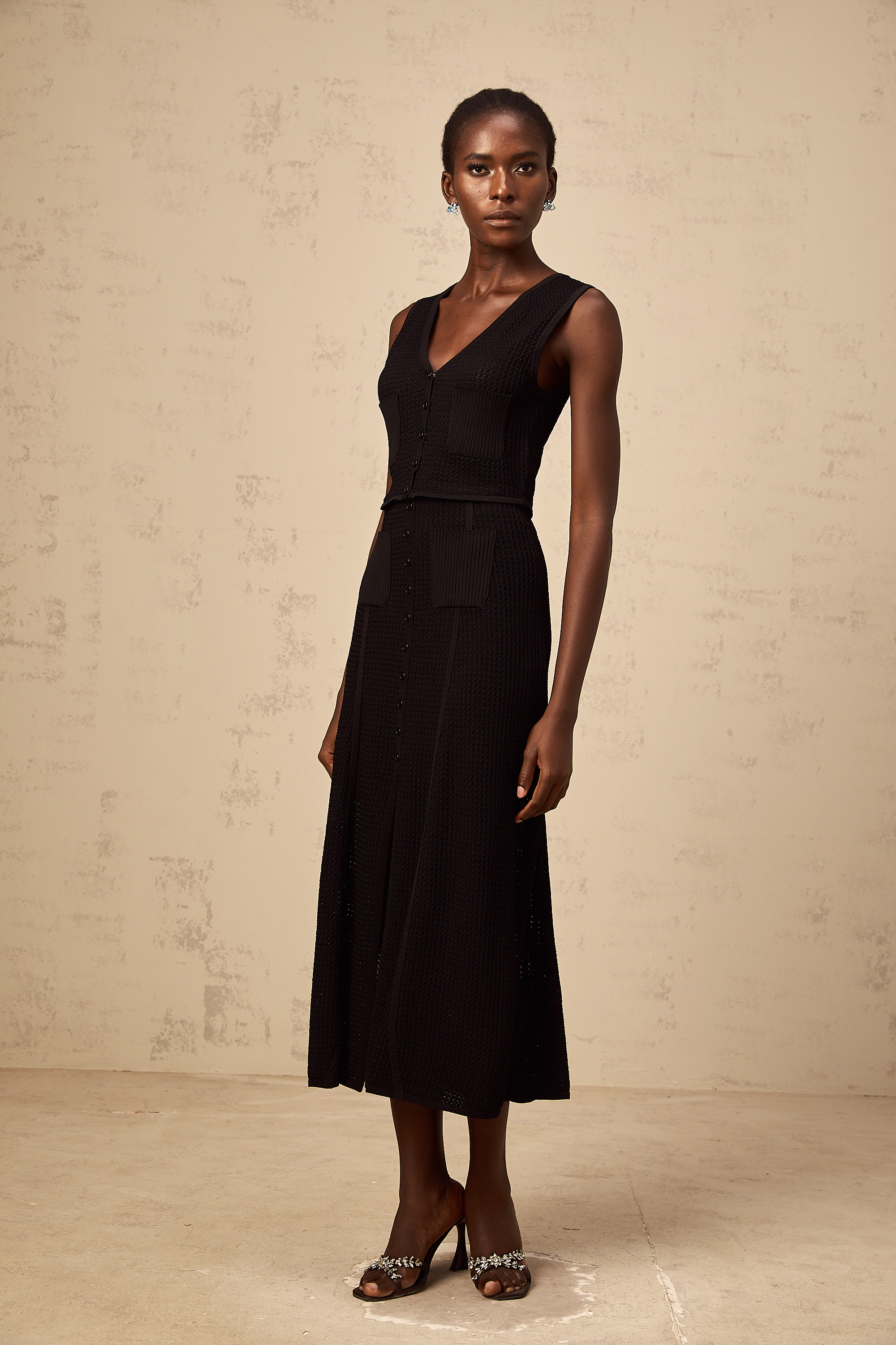 Babette black pointelle-knit top & skirt matching set