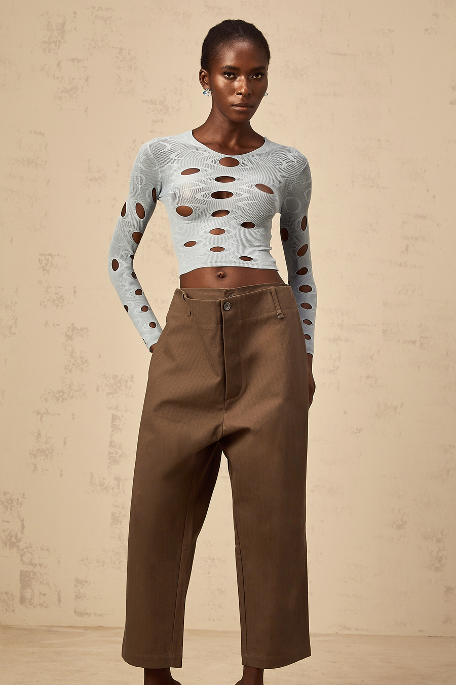Ophélie brown wide-leg shirred cropped trousers