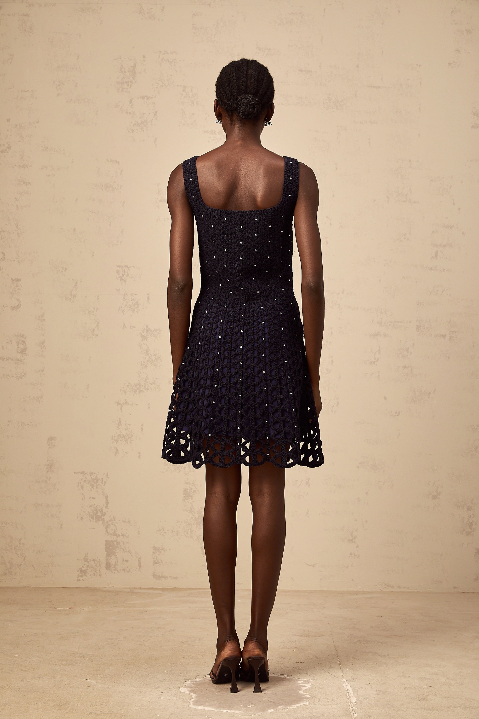 Edelie dark-blue embellished cut-out crochet-knit mini dress