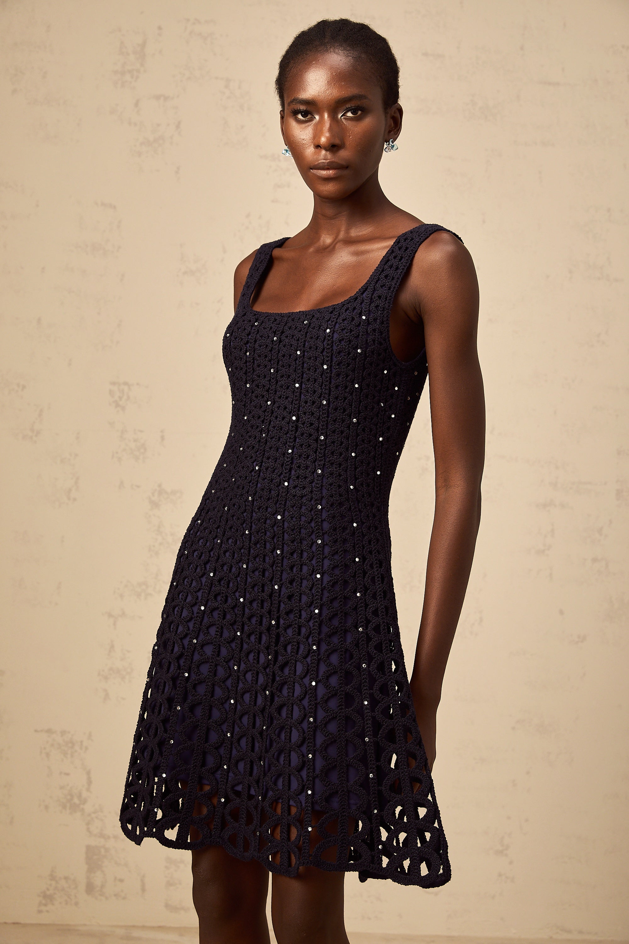 Edelie dark-blue embellished cut-out crochet-knit mini dress