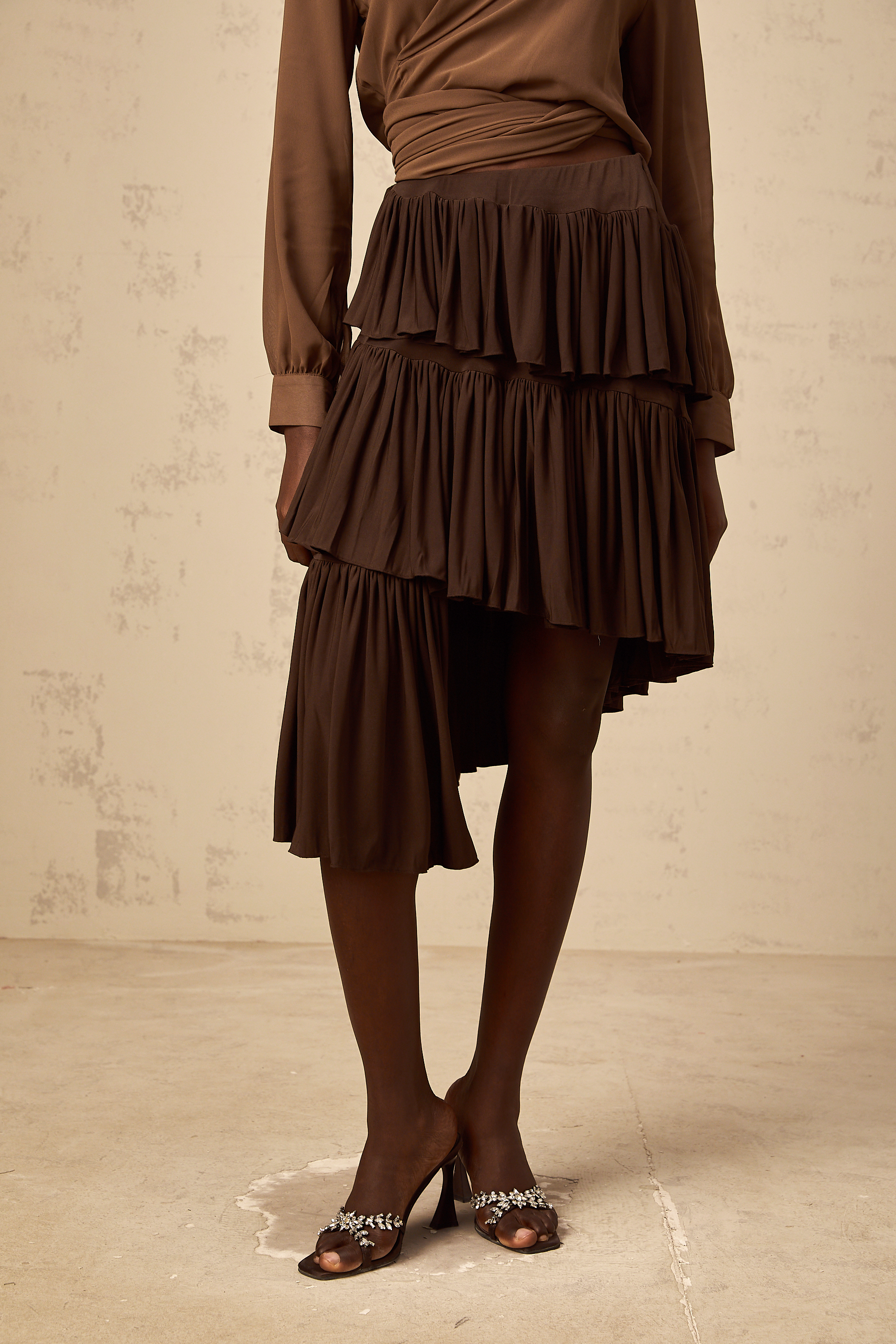 Astrid brown asymmetrical pleated tiered mini skirt