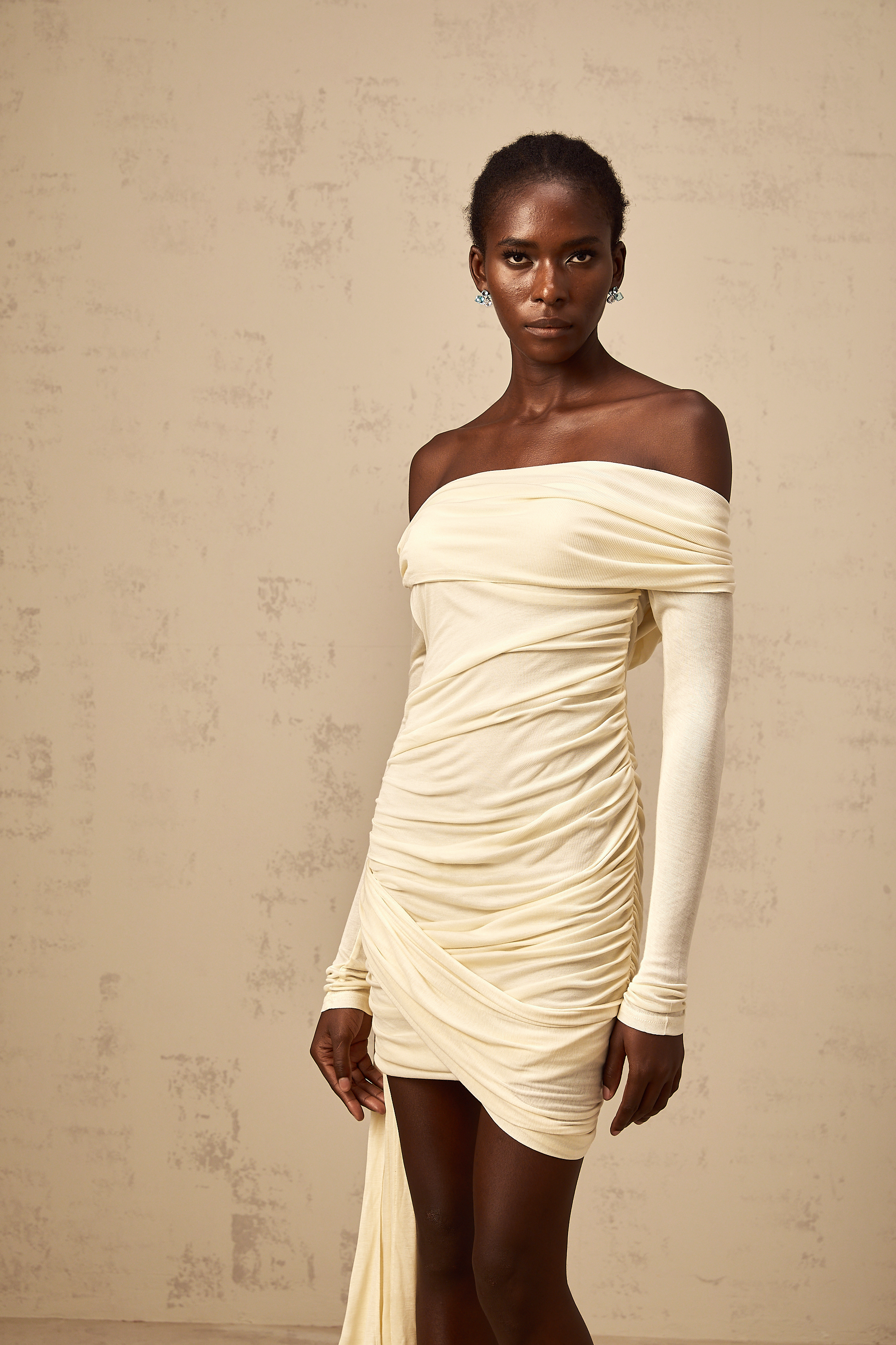 Margaux cream-white ribbon-design ruched mini dress (Final Sale)