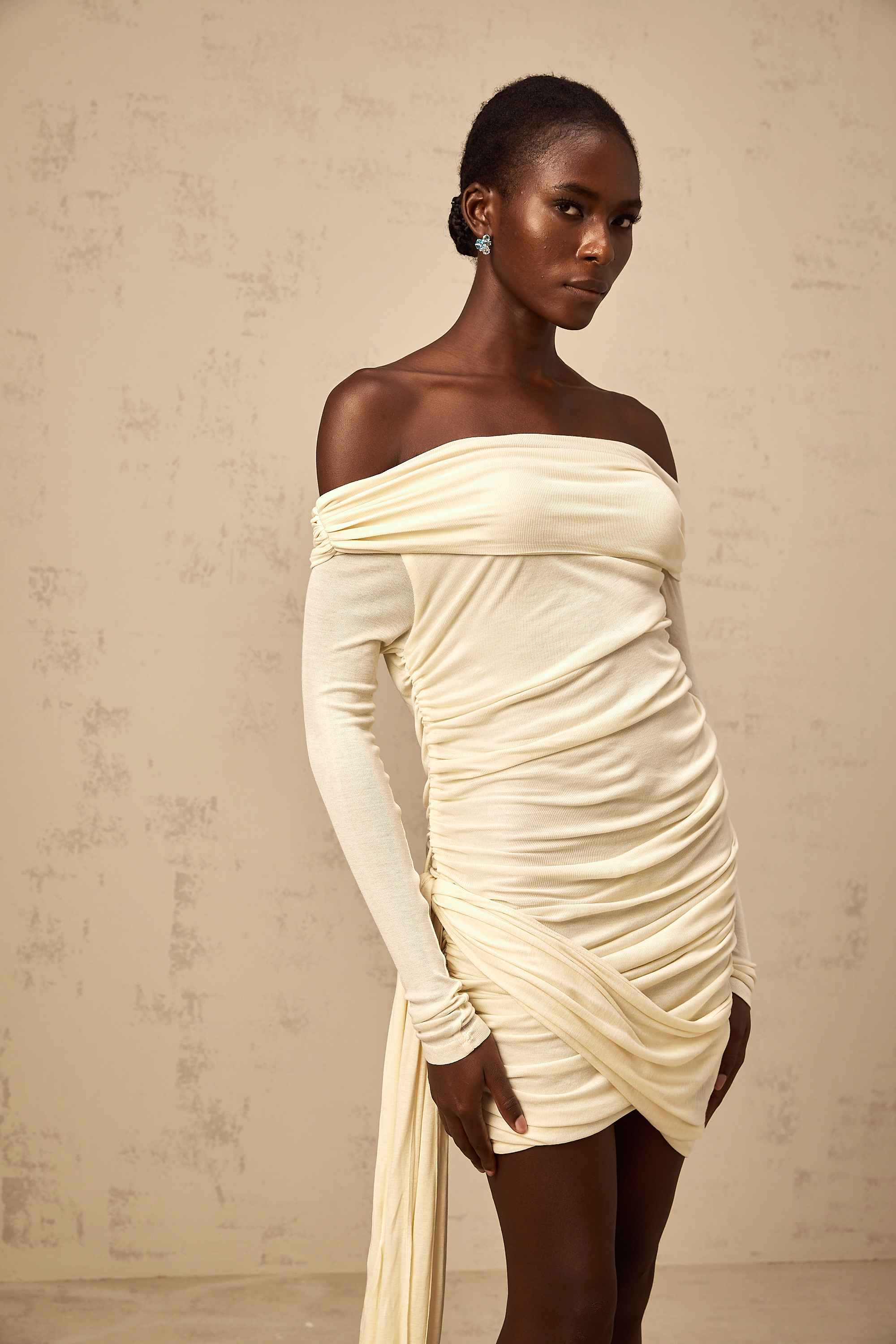 Margaux cream-white ribbon-design ruched mini dress (Final Sale)