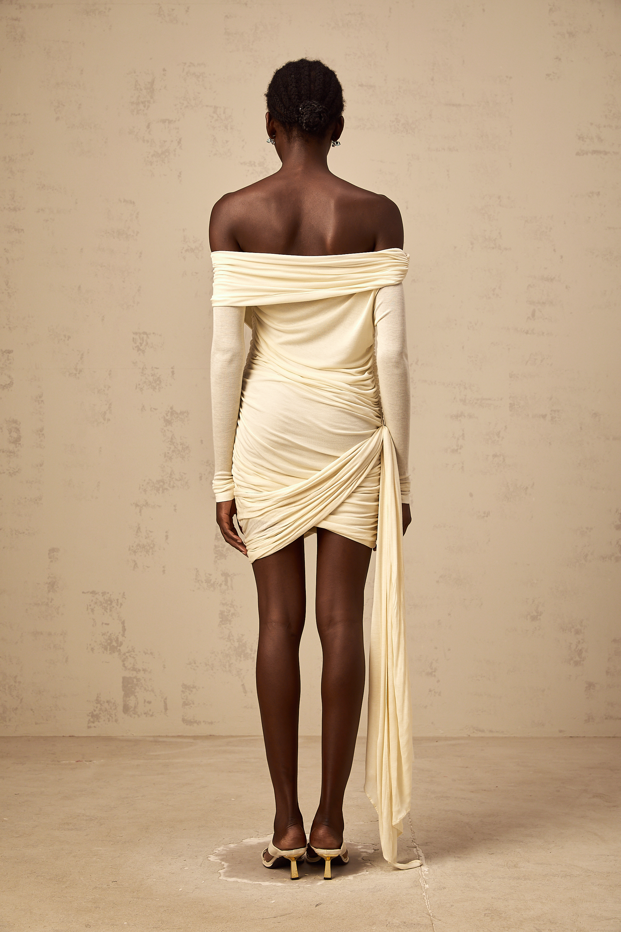 Margaux cream-white ribbon-design ruched mini dress (Final Sale)