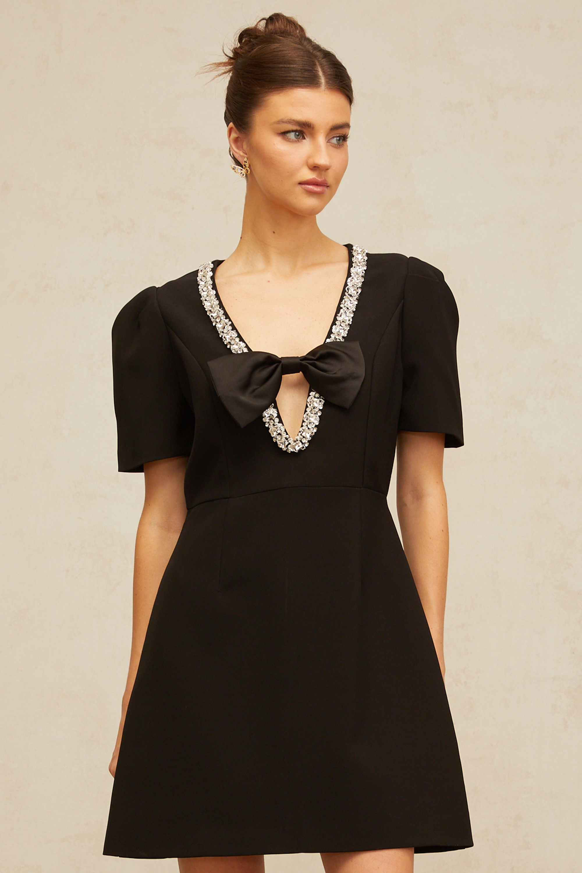 Léa black bow embellished mini dress