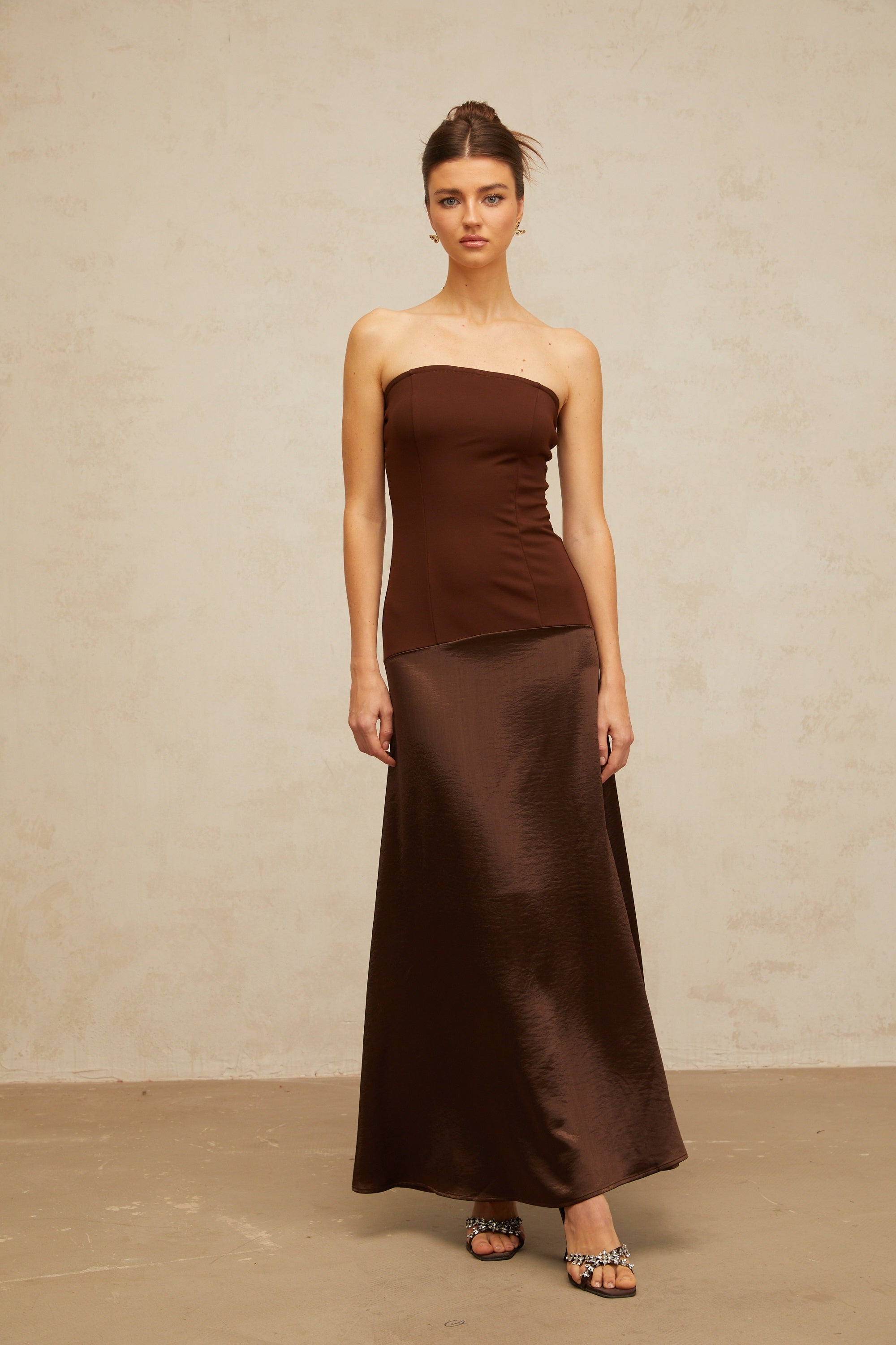 Blaise brown off-shoulder satin-panel maxi dress