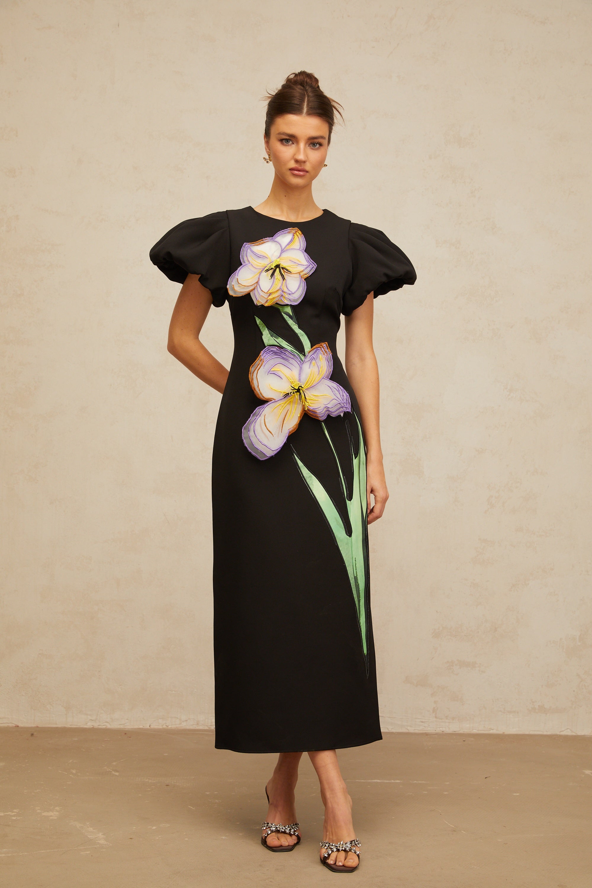 Irène black sequined floral-embroidered midi dress